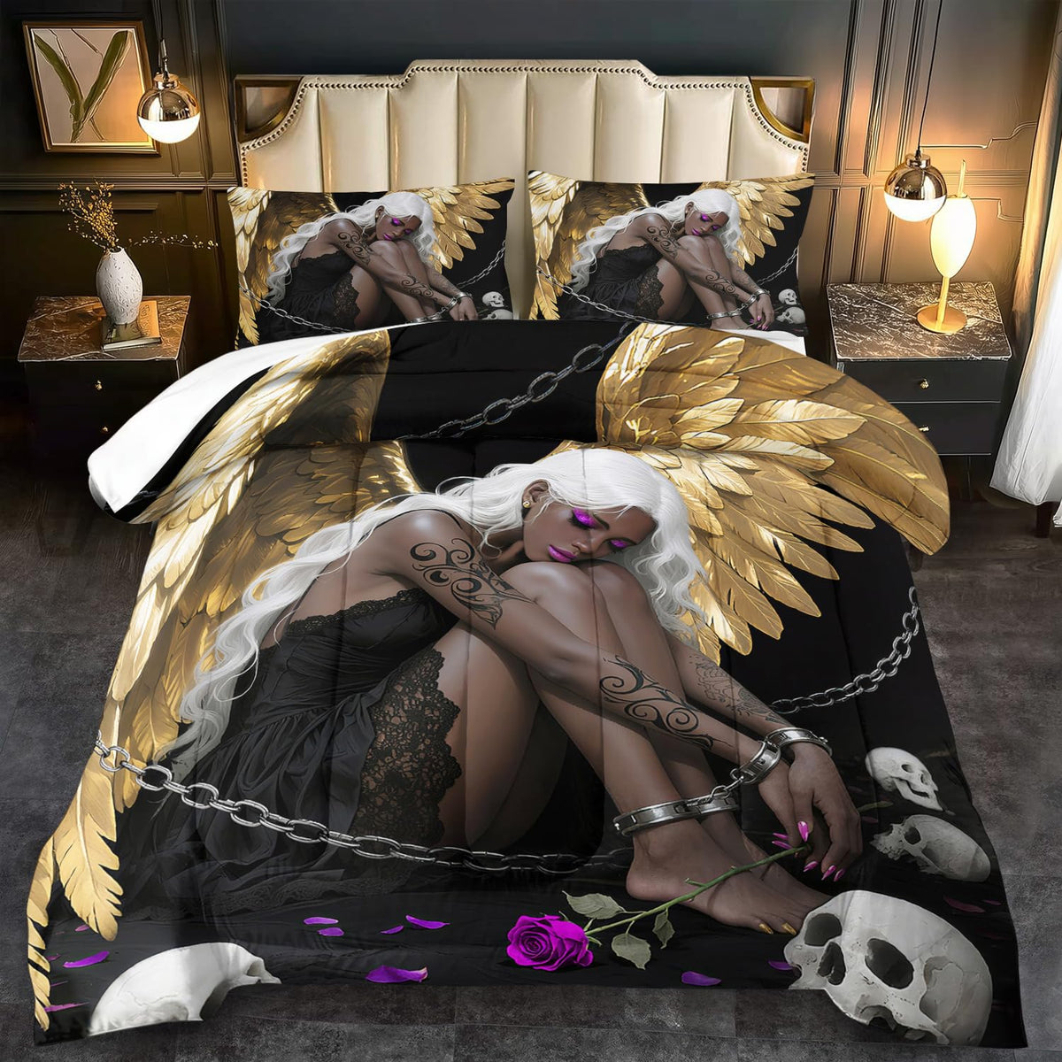 llyxsesty Golden Angel Wings Comforter Set Twin Girls Black Goth Comforter Set Adult Gold Goth Fashion Bedding for Women Angel Wings Bedding Quilt Skull Decor for Home Elegant Home Decor Bedroom