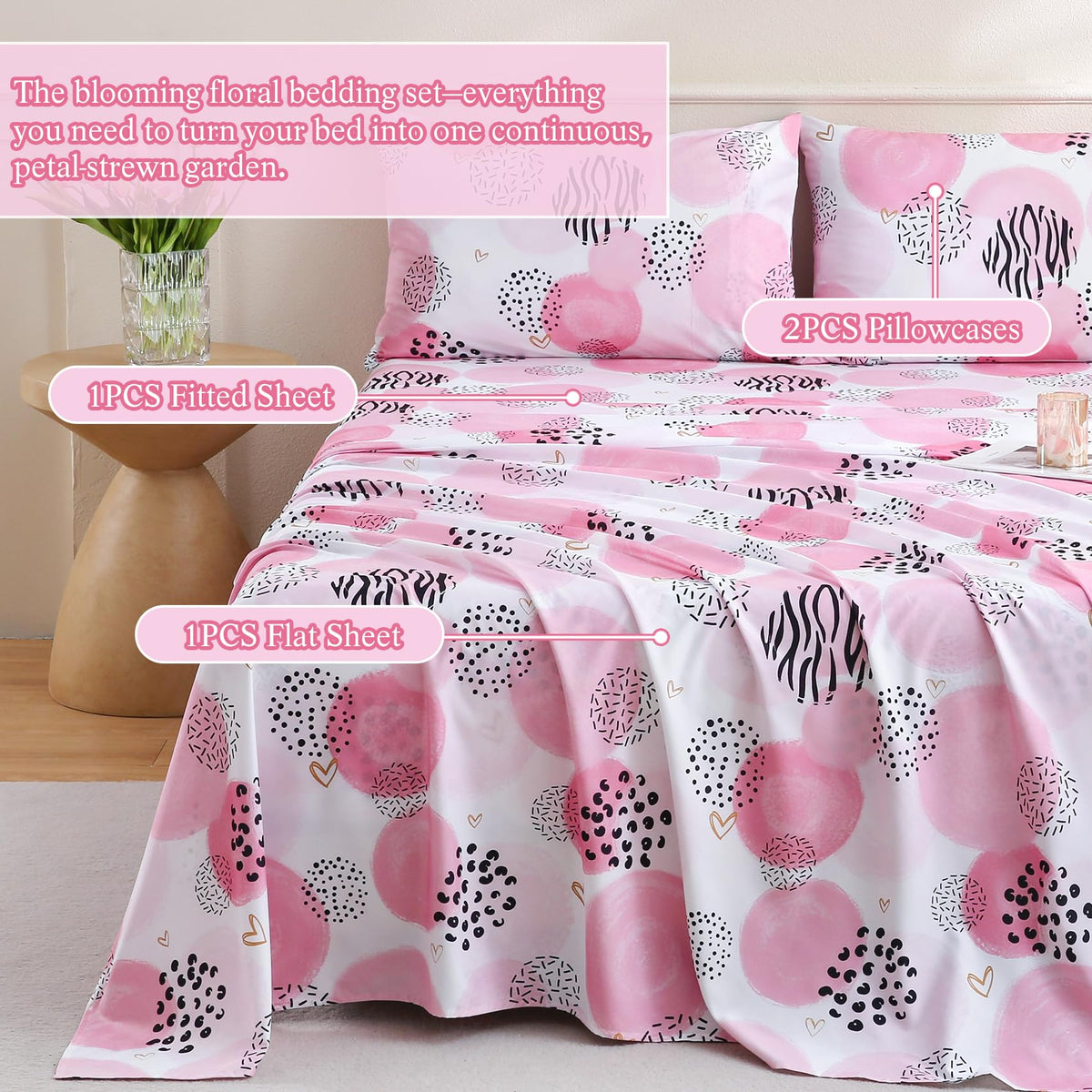 CIMVI Pink Sheet Set Queen Size 4 Pieces Girls Bedding Simple Dots Printed Sheets 15-inch Deep Pocket Fitted Sheets and Pillowcase Soft Breathable Microfiber Bed Sets for Woman Decor Bedroom
