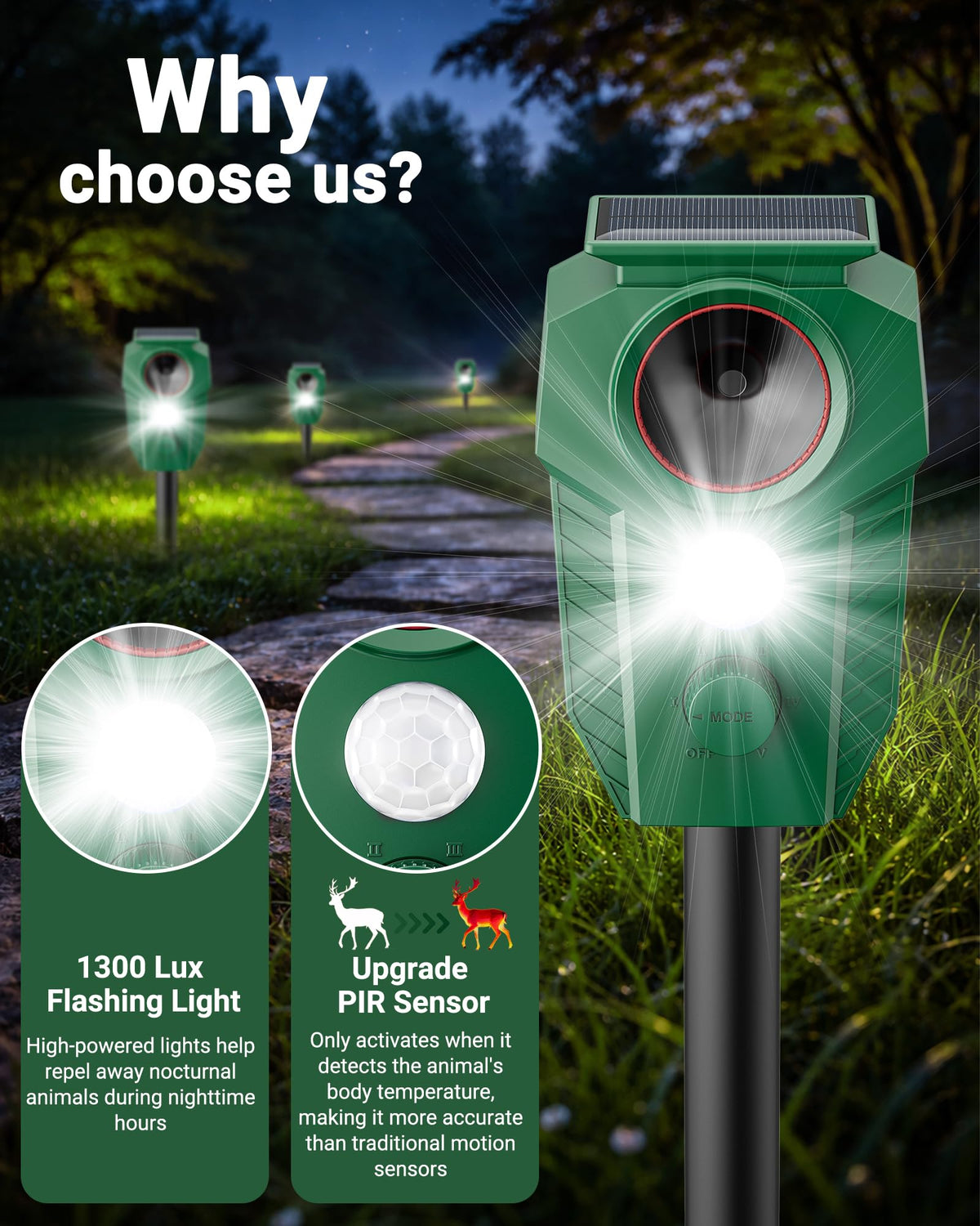 X-octenol Solar Ultrasonic Animal Repellent Outdoor - Deer Repellent Devices with Motion Sensor & Flashing Lights, Waterproof Deterrent for Yard Garden to Repel Cats, Squirrels, Raccoons