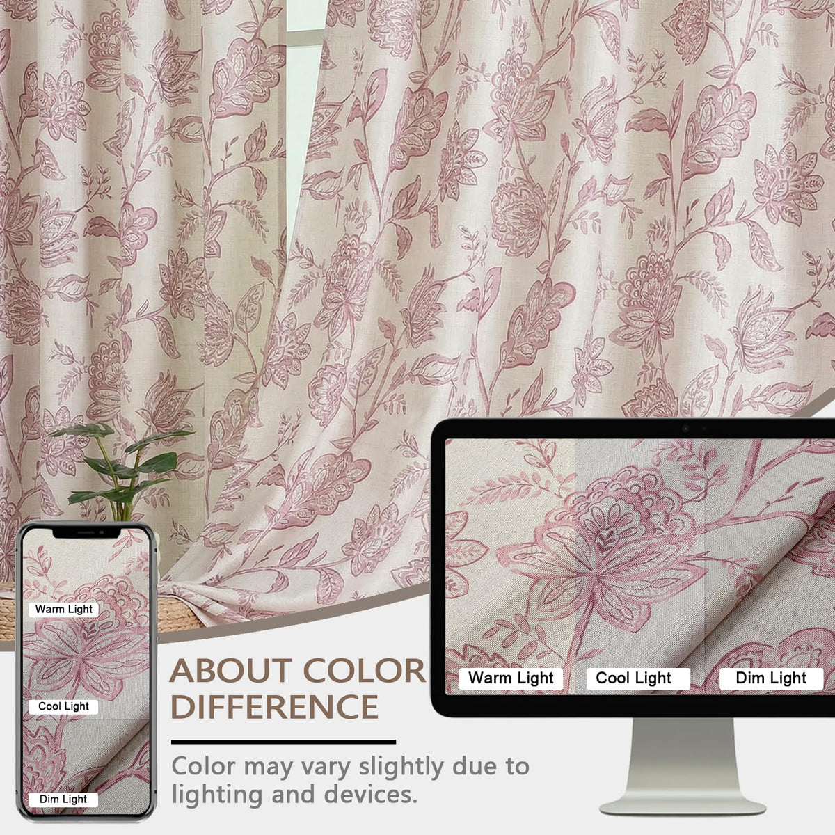 Ebesto Floral Curtains 63 Inch Length - Light Filtering Faux Linen Flower Printed Window Curtains for Bedroom, Rod Pocket No-See Through Privacy Drapes, 2 Panels, Each 40Wx63L Inches, Blush Pink