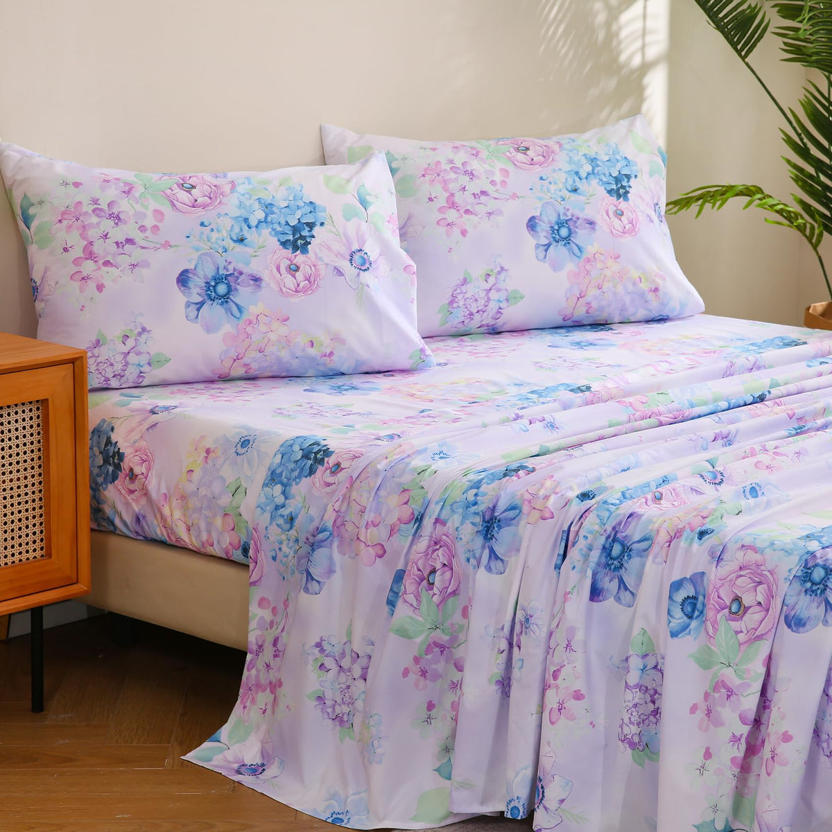 JSD Purple Hydrangea Floral Sheet Set King Size, 4 Piece Soft Spring Printed Microfiber Bed Sheets Deep Pocket