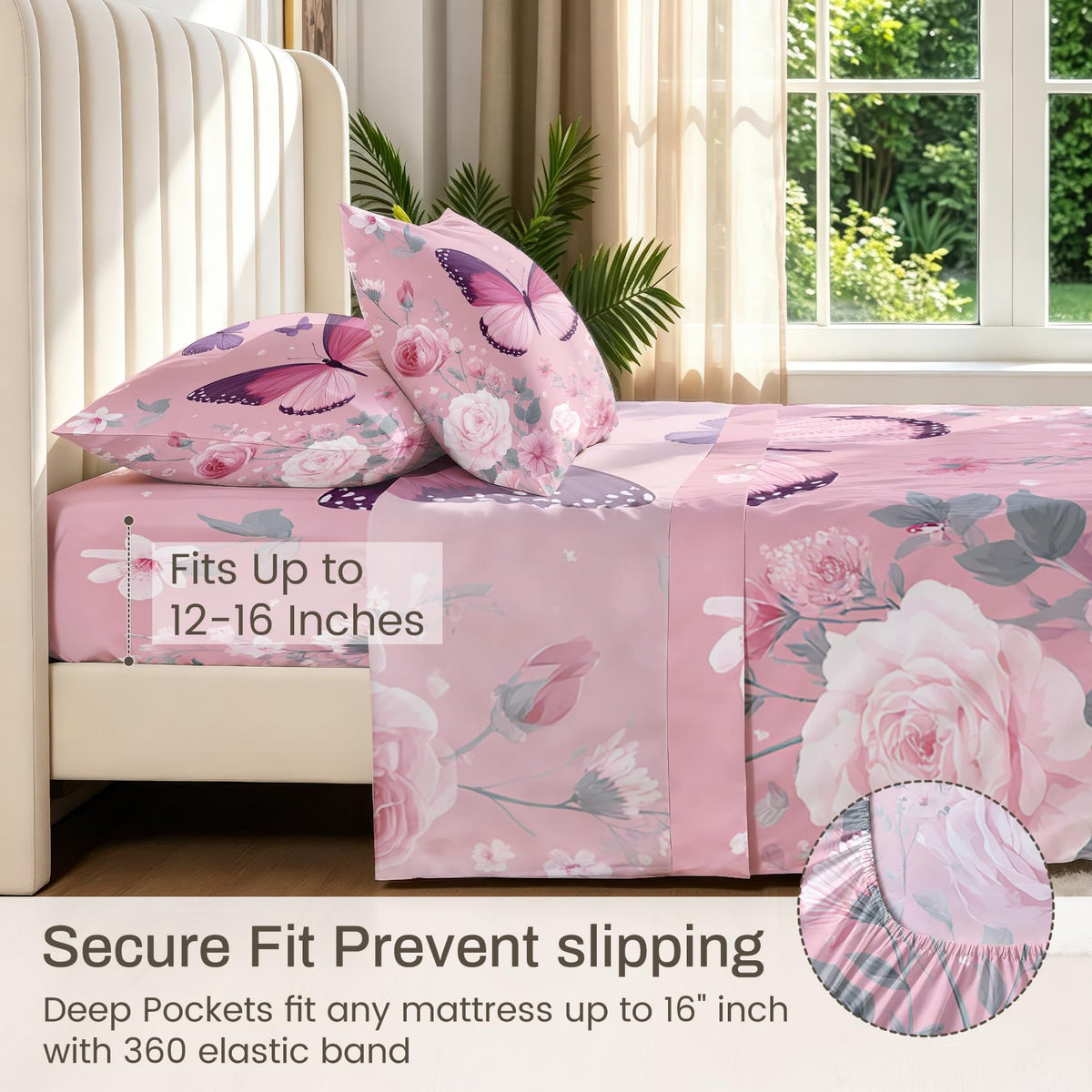 Pink Rose Bedding Set 4 Pcs Girls Butterfly Queen Sheets