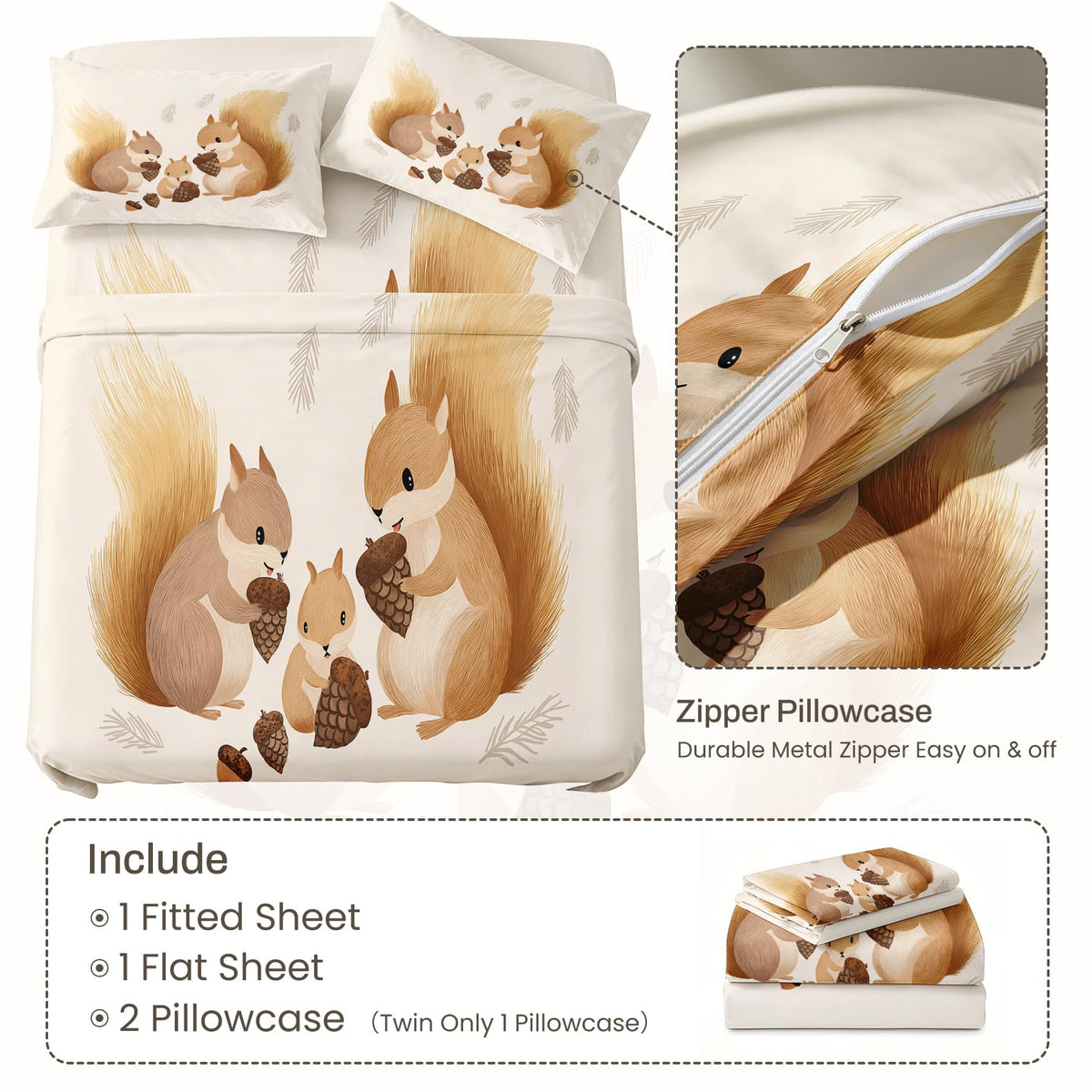 Squirrel Twin Bedding Set Cute Animal Sheet Sets, Beige Brown