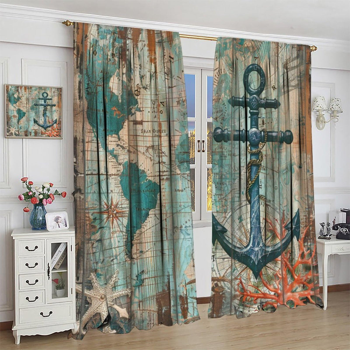 TOWINSFB Blue Nautical Map Anchor Blackout Curtains for Bedroom Living Room, Retro Plank Starfish Marine Life Coral Thermal Insulated Room Darkening Curtain- 2 Panels, Each 63" L x 21" W
