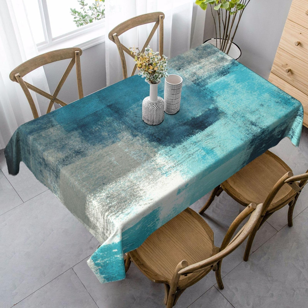 mutakin Teal Grey Tablecloth Turquoise Rectangle Table Cloth Washable Table Cover for Decoration Kitchen Dining Room 60x90 Inch