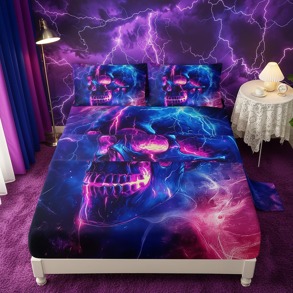 QOOMO Skull Kids Sheets Twin Size,Human Skeleton 16" Deep Pocket Bed Sheet Set,Galaxy Printed Bedroom Decor Bedding Set Soft and Breathable for Boys/Girls/Kids/Teens