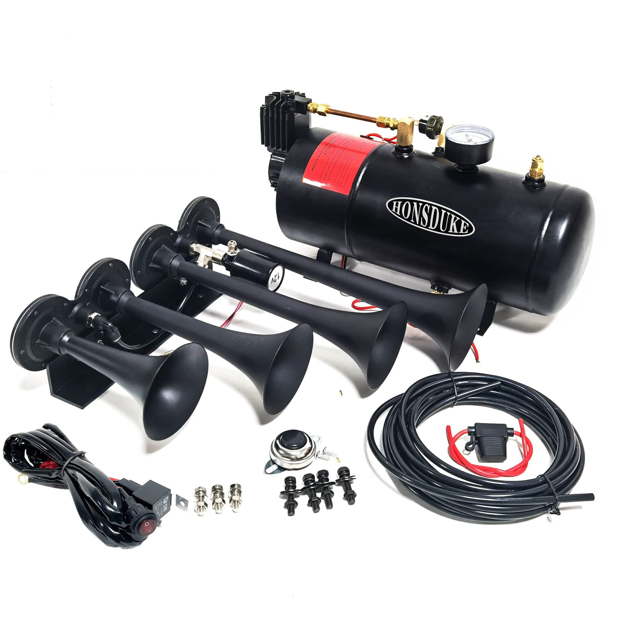 HONSDUKE 3 Liter Train Horn Kit for Trucks/Car/Semi. Complete Onboard System of 150psi Air Compressor, 1 Gallon Tank, 4 Trumpets. Super Loud dB. Fits All DC12V Vehicles Like Pickup/Jeep/RV/SUV