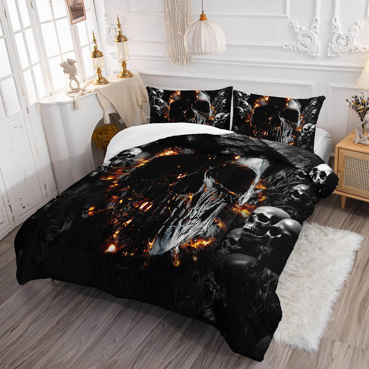 AILONEN Gothic Skull Comforter Set Twin Size, Grey Skeleton Fire Skull Goth Bedding Set,Rock Skull Bedding Quilt with 2 Pillowcases,3 Pieces Skeleton Skull Black Twin Comforter Set