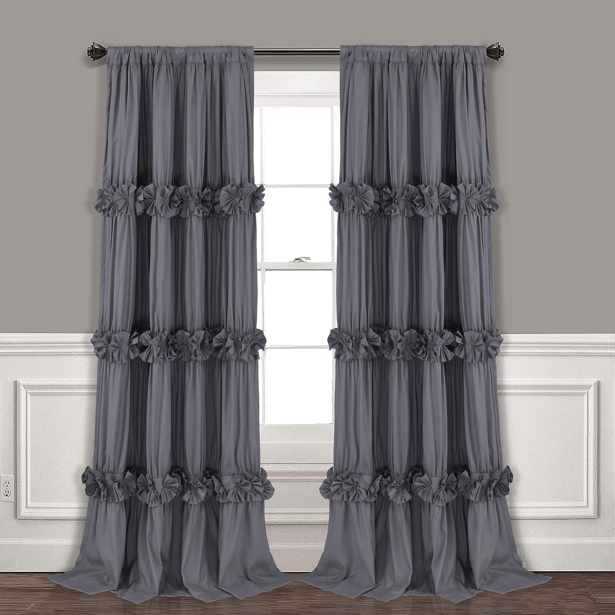 Homechoice Decor Thermal Insulated Blackout Window Curtains, 54" W x 84" L x 2 Panels, Boho Ruched Window Treatments with 3 Rows of Butterfly Flowers, Rustic Rod Pocket Drapes for Room, Gray (LQ-30)