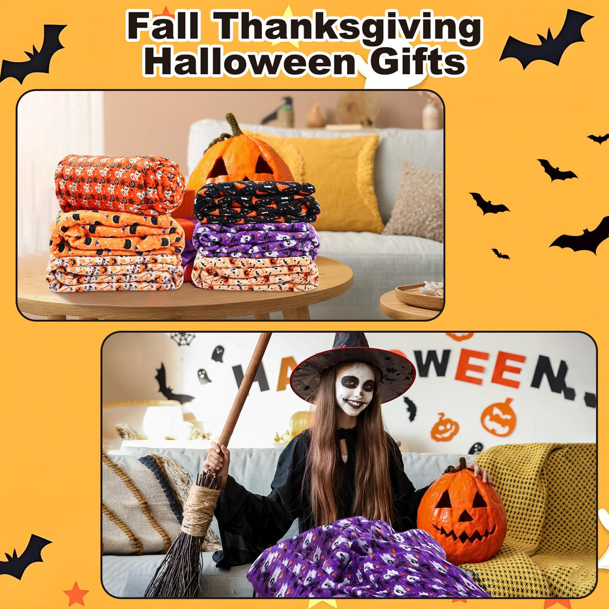 Fanfanwin 6 Pack Halloween Throws Blanket in Bulk Halloween Flannel Blanket Pumpkin Ghost Black Cat Lightweight Throw Soft Warm Fluffy Plush Quilt for Living Room Couch Dorm, 50 x 60 Inch