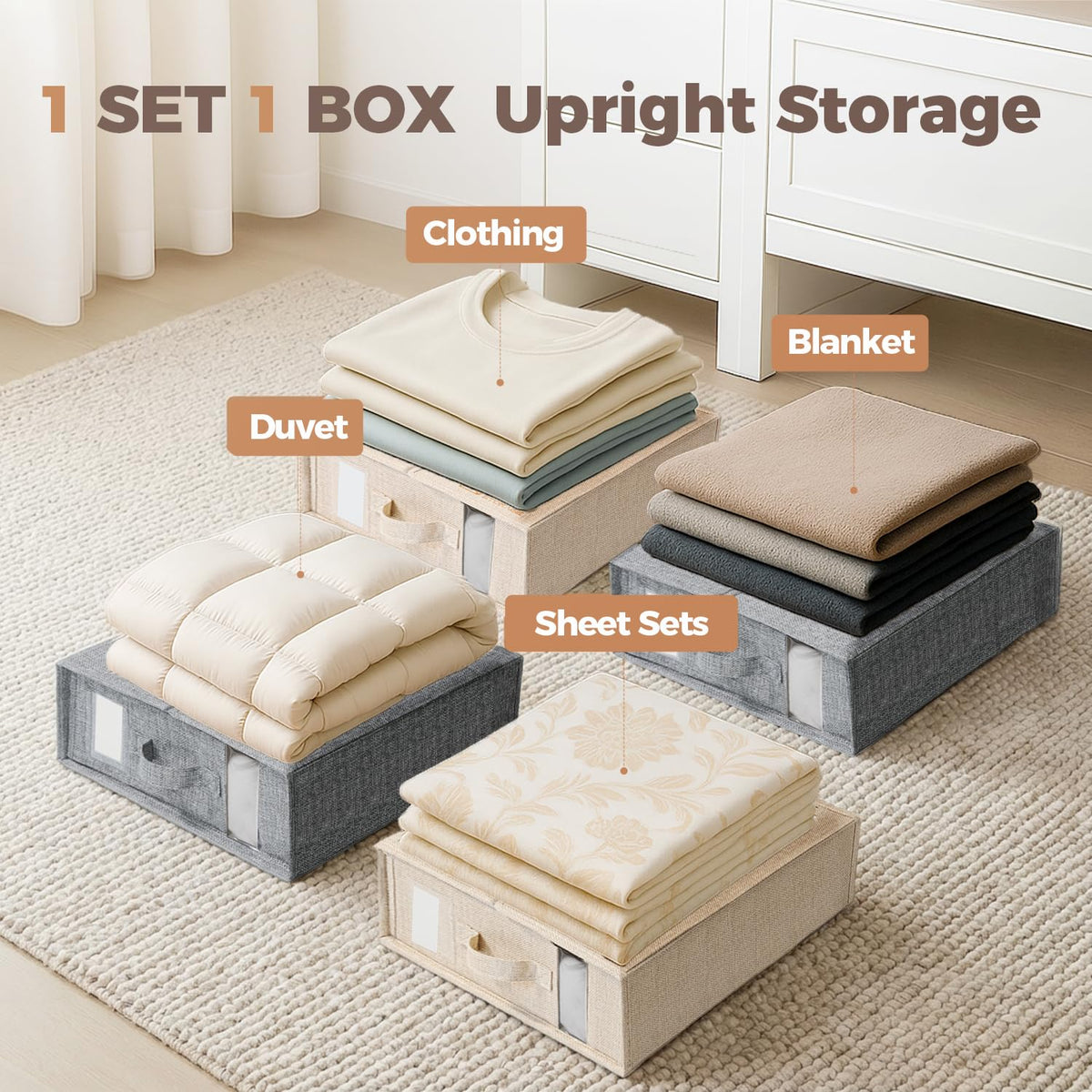 4 Pack Sheet Storage Organizer (King & Queen Size) with handle, Foldable Sheet Set Organizer for Linen Closet, Sheet Organizer for Blanket, Coverlet and Towel, Beige