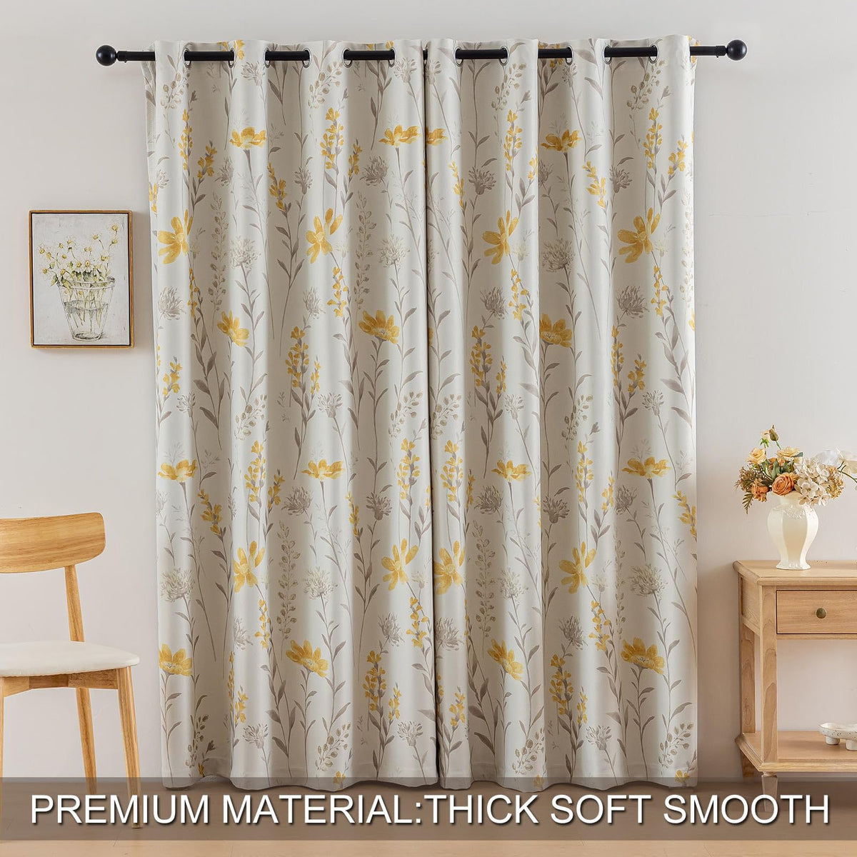 SUOUO Yellow Floral Blackout Curtains for Bedroom 96 inches Long Patterned Grey Leaf Thermal Insulated Window Drapes for Living Room 2 Panels