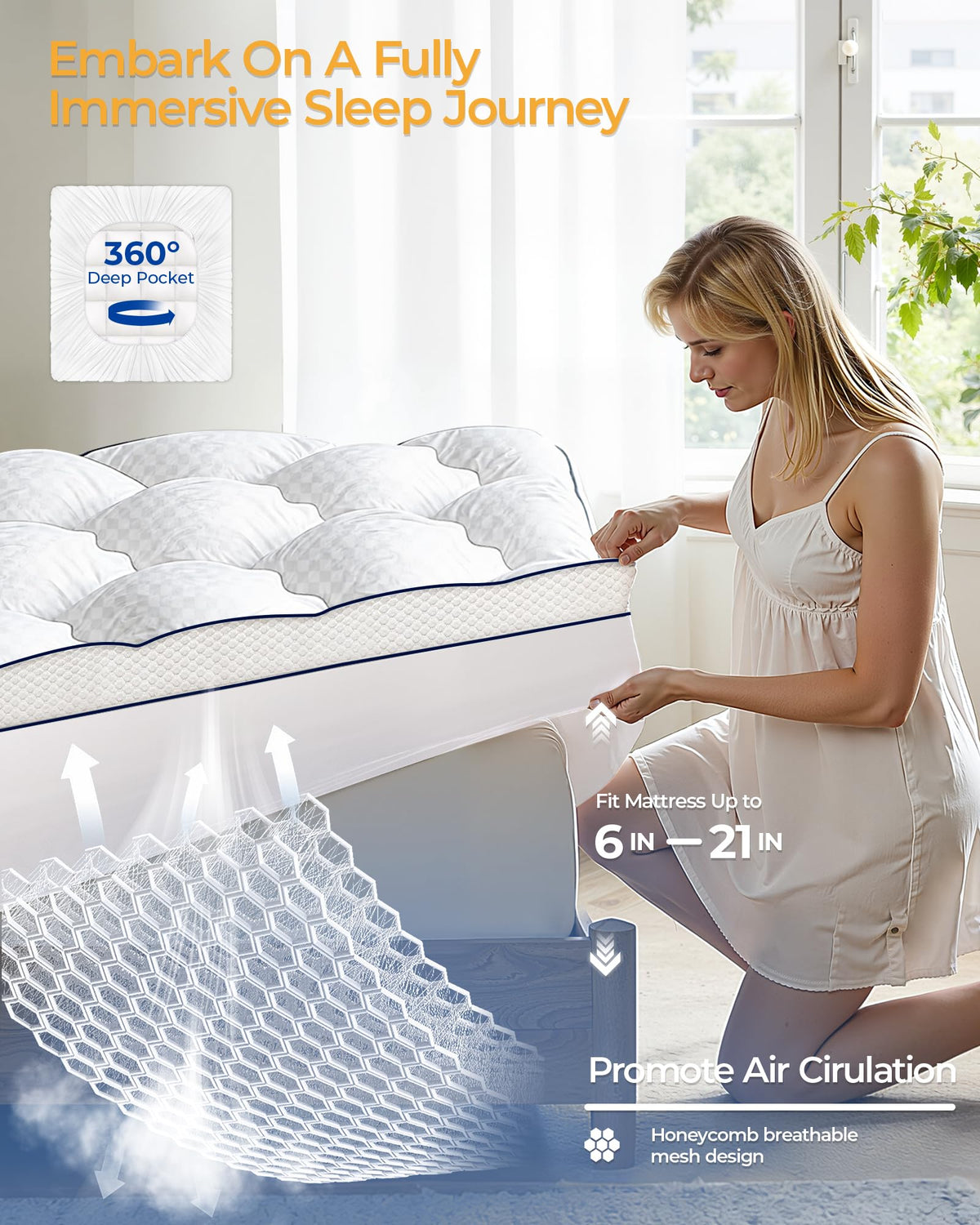 3 Inch Queen Mattress Topper, Extra Thick Memory Foam Mattress Pad for Back Pain, Pillow Top Mattress Topper Queen with Breathable Air Mesh Sides, Soft Fluffy Supportive Pressure-Relieving Bed Topper