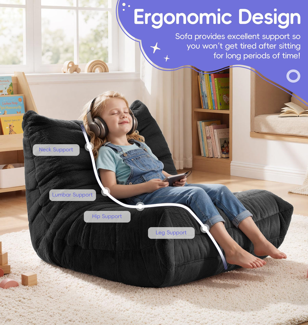 Hobestluk Bean Bag Chair for Kids Toddler Bean Bag Chair with Memory Foam Filler Beanbag with Spacious Design Bean Bag Couch for Reading Gaming Relaxing (Black, Small)