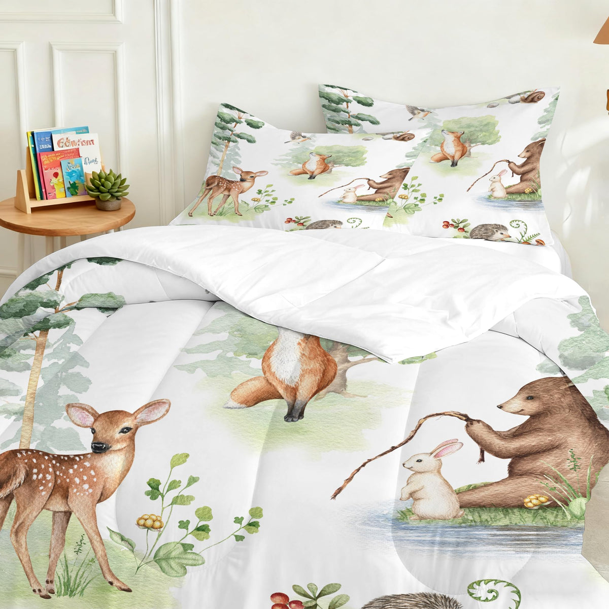 VTKON Wildlife Animals Comforter Set Twin for Kids Woodland Fox Deer and Bear Print Bedding Set Soft Cartoon Animal Print Bed Set White Green Forest Quilt Set with 1 Comforter + 1 Pillowcase