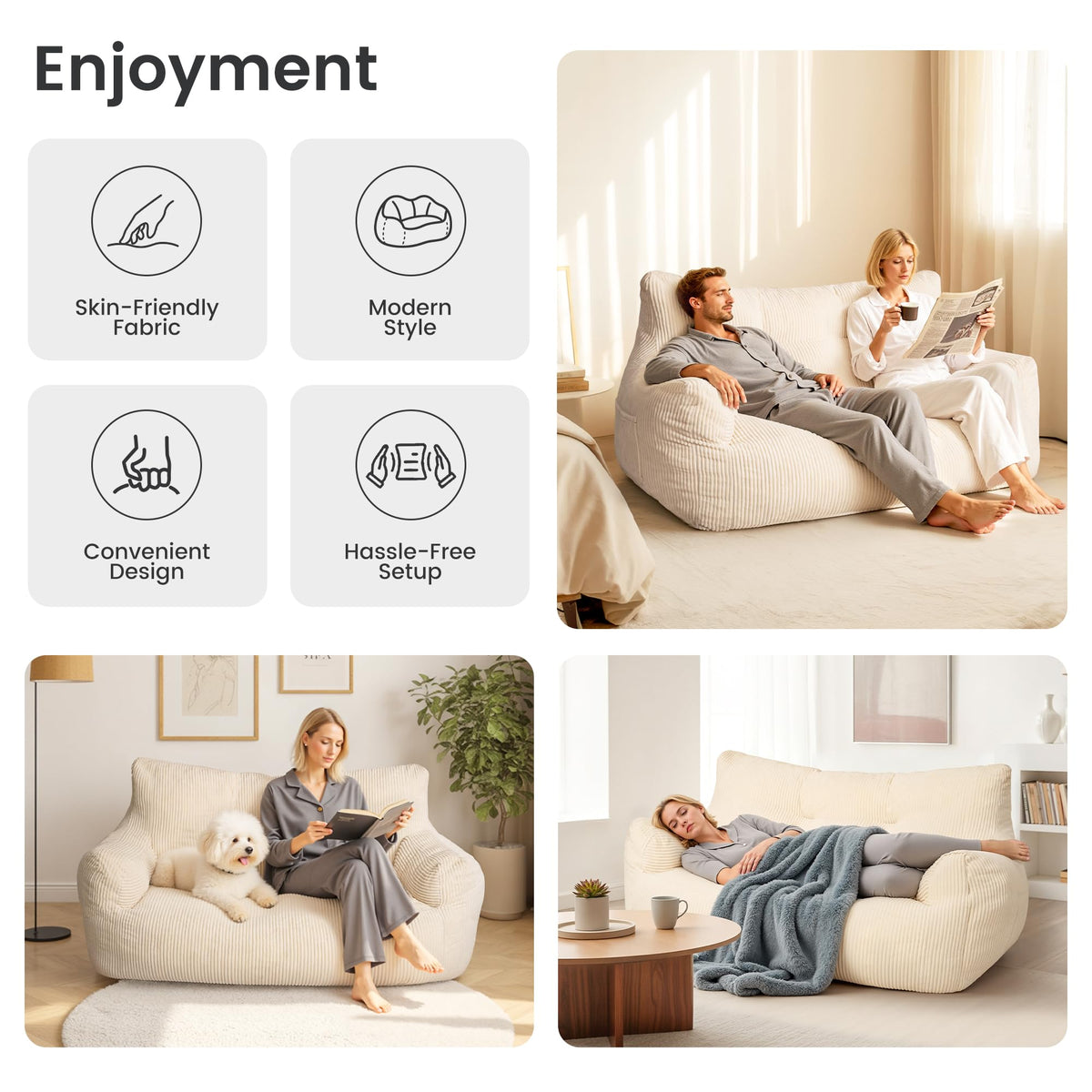 Fkhouse 59" Bean Bag Chair,2 Seat Loveseat Sofa,Corduroy Lazy Sofa Bed for Adults,Fit Living Room, Bedroom,Outdoor Spaces,Ultra Soft Dutch Velvet,Fluffy Comfort Cover,White