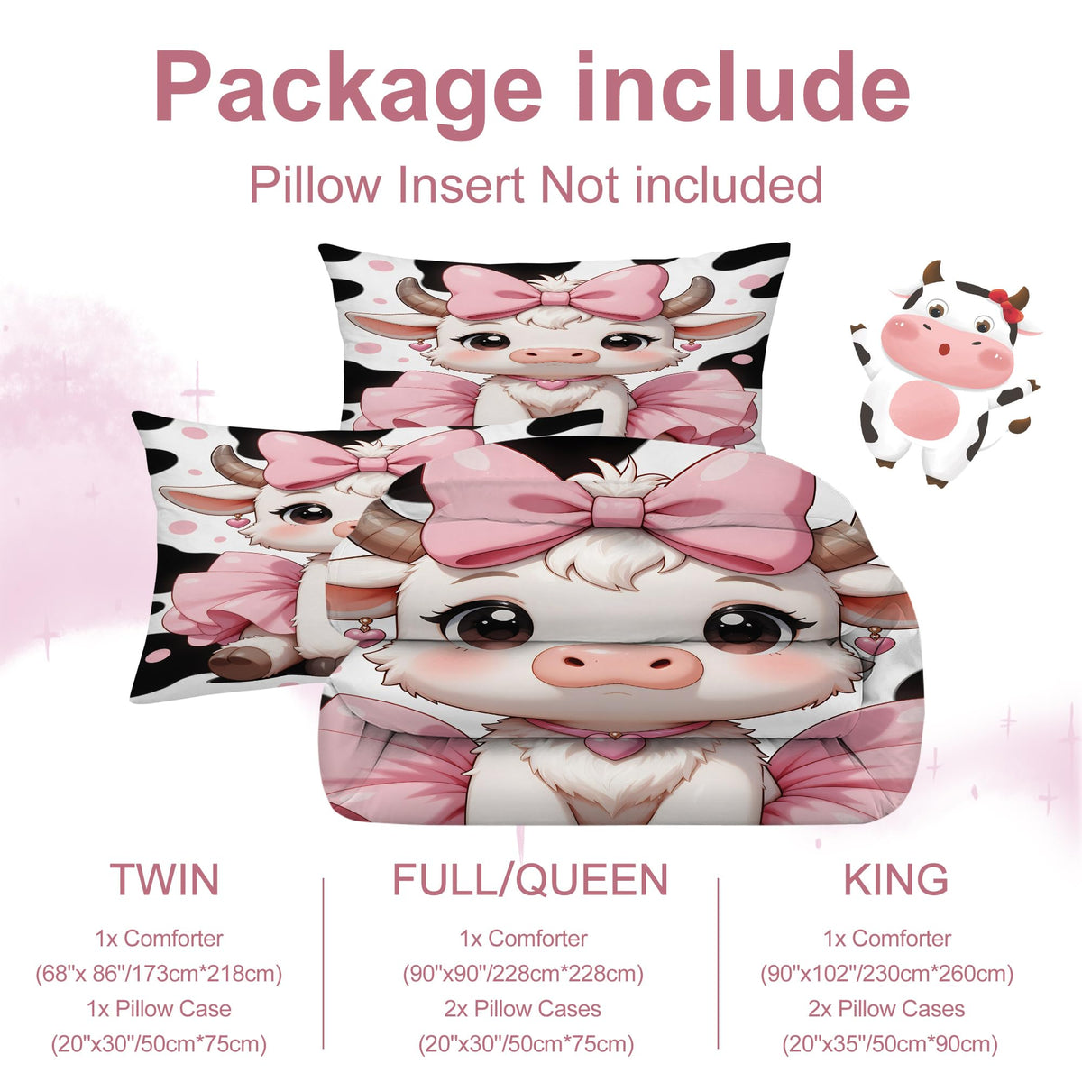 VTKON Cute Girls Cow Comforter Set Twin Size for Kids Teens Pink Bow Tutu Cow Bedding Set Kawaii Cartoon Animal Bed Set for Toddler Nursery Bedroom Decor Soft Quilt Set with 1 Pillowcase