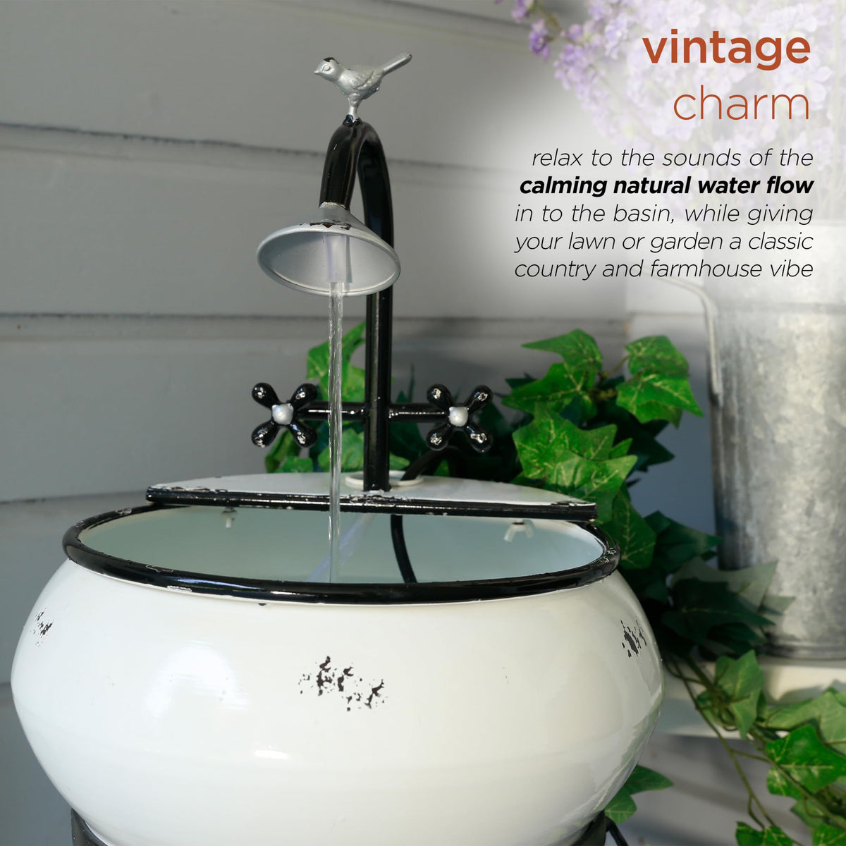 Alpine Corporation YHL170 32” Indoor/Outdoor Antique Metal Sink Water Fountain with Stand – Charming Waterfall Feature for Garden, Patio & Home Decor, White