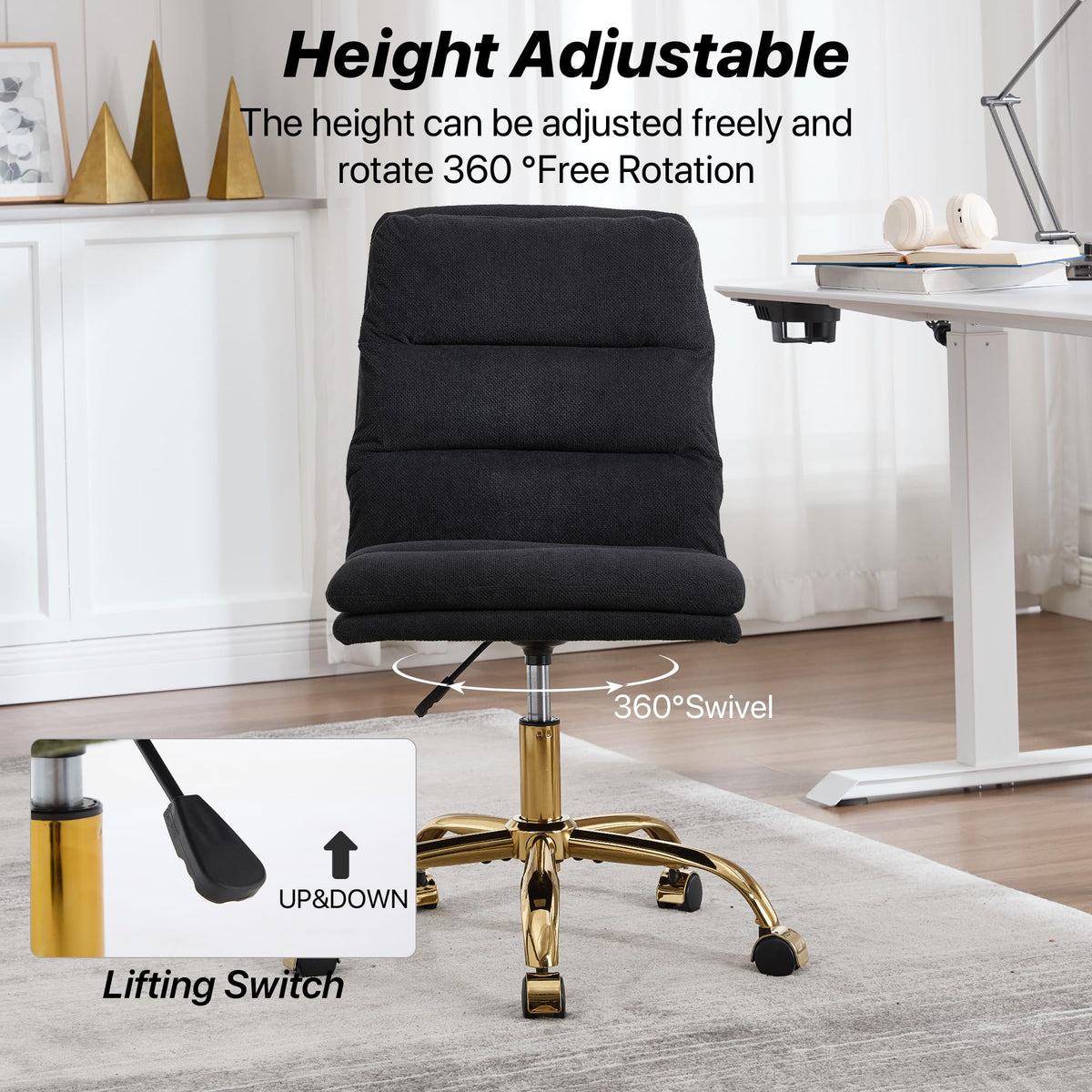 Gentlemoods Fabric Armless Home Office Chair, Modern Ergonomic Desk Chair High-Back Vanity Chair with Wheels, Height Adjustable Swivel Task Chair with Comfy Seat for Bedroom/Vanity/Desk(Black)
