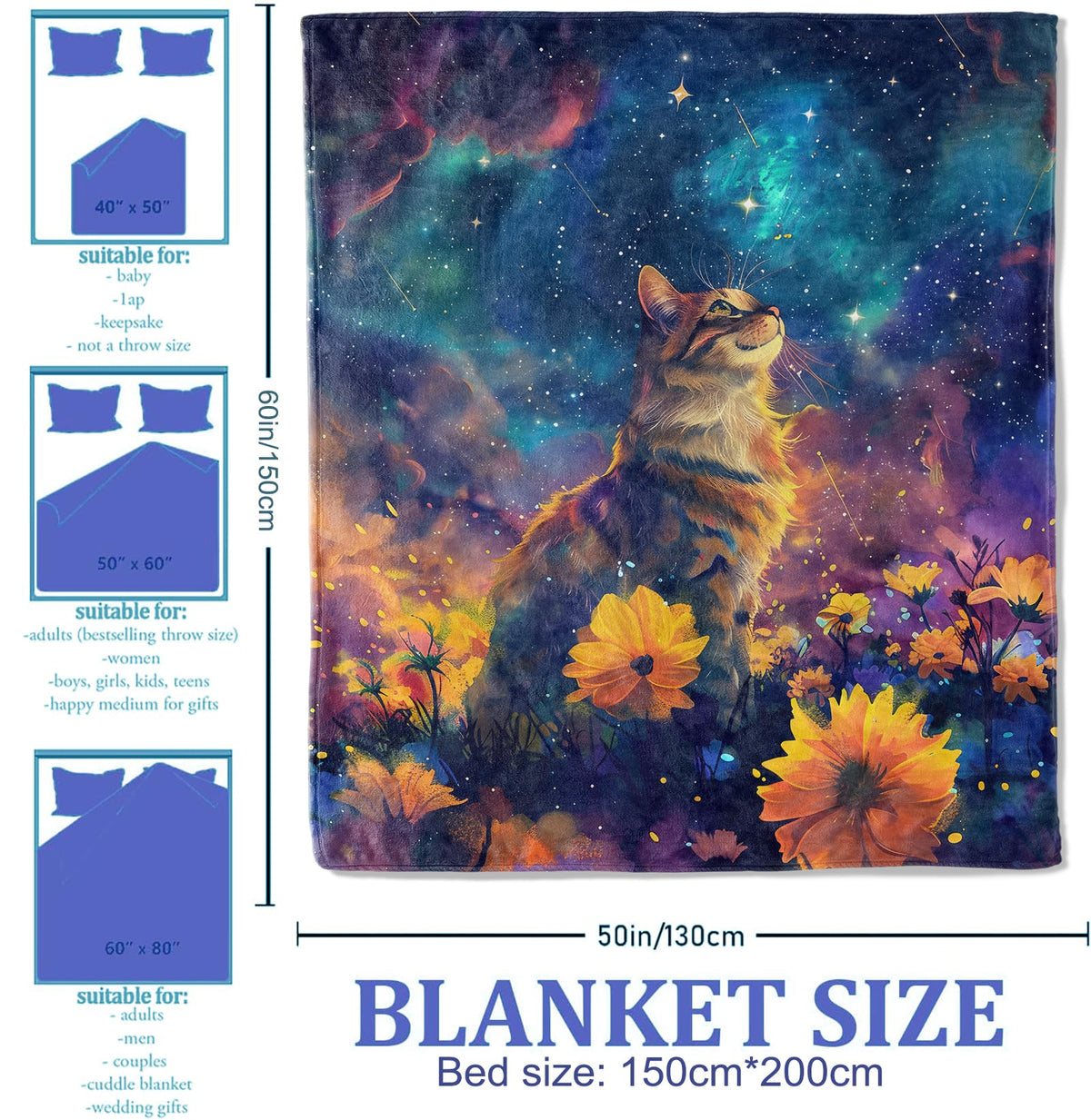 Plistiz Galaxy Cat Throw Blanket for Women Girls Boys, Soft Flannel Blankets Gifts for Living Room Couch, Home, Sofa Decor, 50"x60"