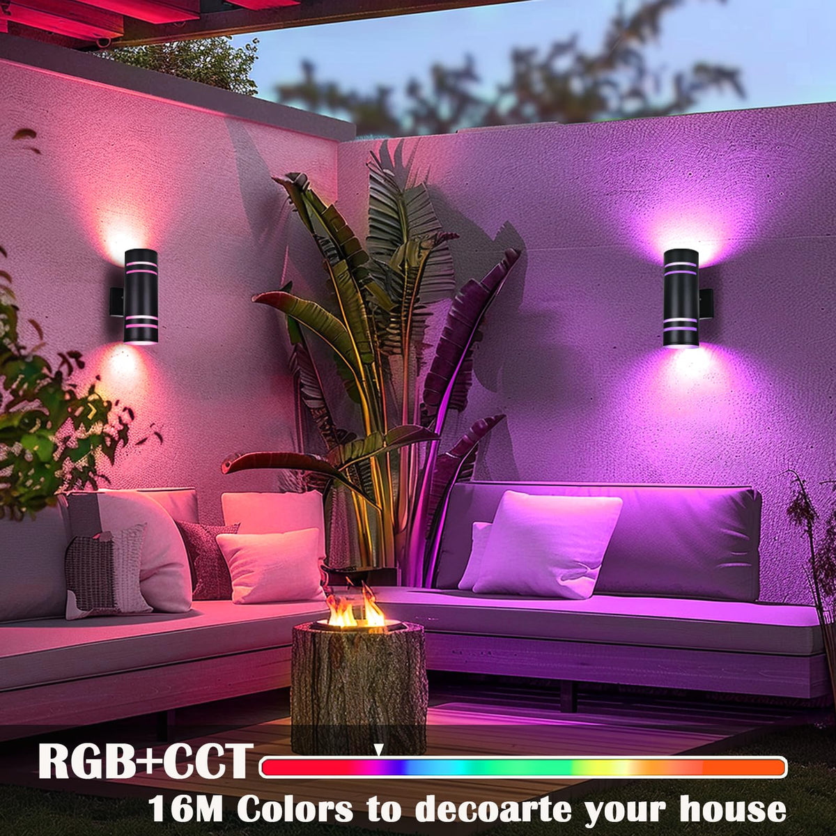 iYogaled Smart RGB Outdoor Wall Lights, 2 Pack Front Porch Light Fixtures, Cylinder Up and Down Lights Outdoor Wall Sconce, Exterior Lighting Fixture Compatible with Google Assistant Alexa