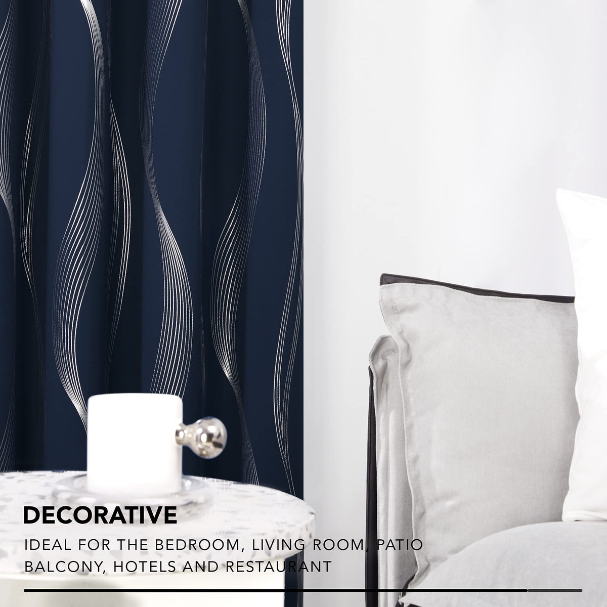 Deconovo Navy Blue Blackout Curtains 2 Panel Set for Bedroom, Thermal Insulated Grommet Room Darkening Window Drapes for Living Room, Silver Wave Foil Print, 52W x 84L Inch