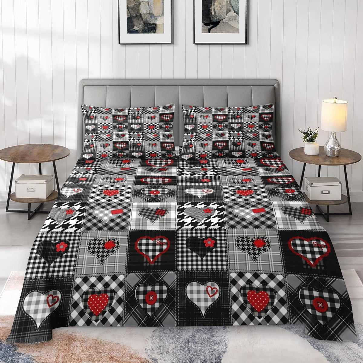 Pamnest Full Size Bed Sheet Sets, Patchwork Plaid Heart Soft Microfiber 4 Pcs Bedding Sets for Kids and Adults Bedroom Bed Decor, Buffalo Check Love Will Flat, Fitted Sheet and 2 Pillowcases