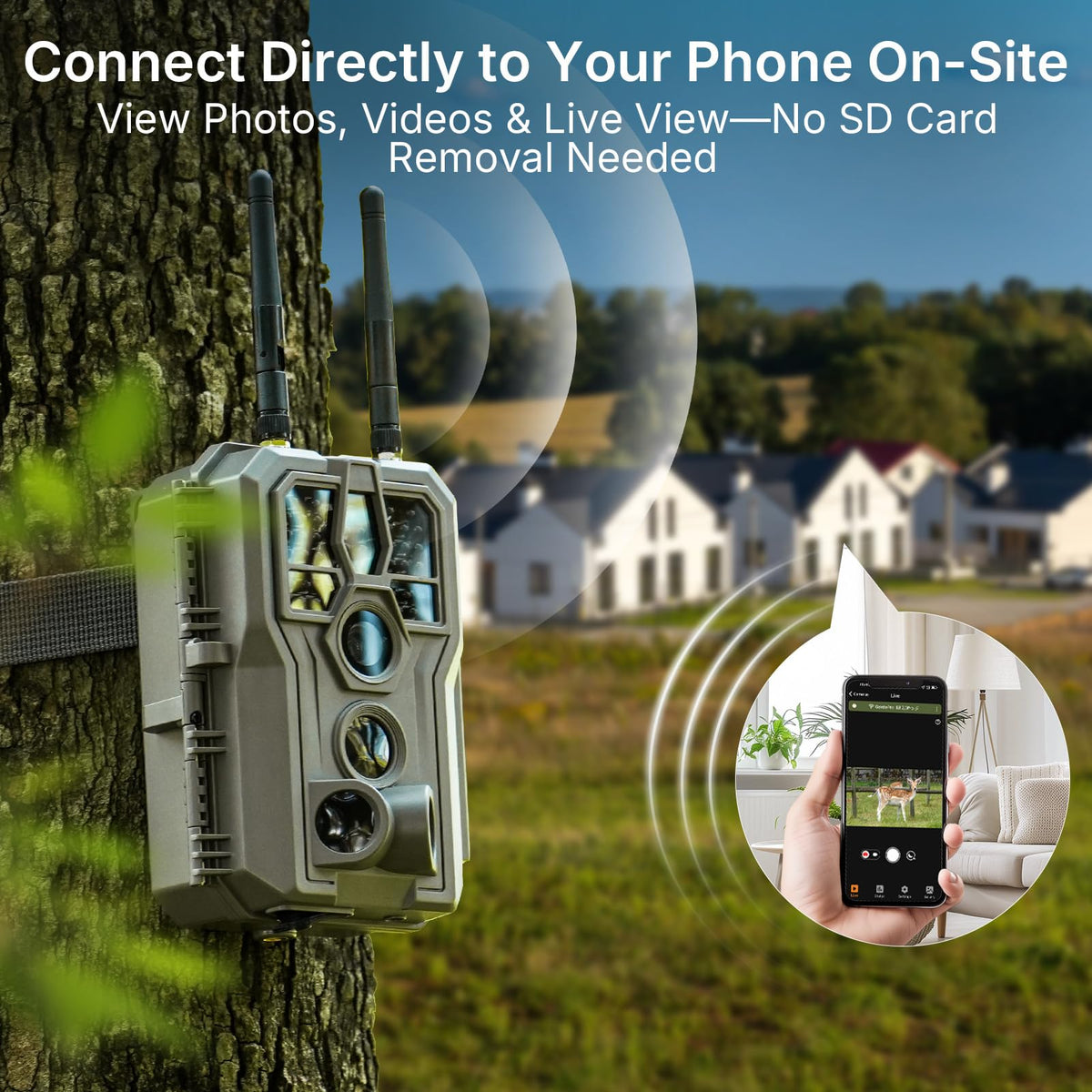 GardePro E8 2.0 WiFi Trail Camera (Non-Cellular) with 5200mAh Battery Solar Panel, 4K Video & 64MP Photo, 64GB SD Card, Dual Antennas, Stable Connection, On-Site App Viewing, Motion Activiated