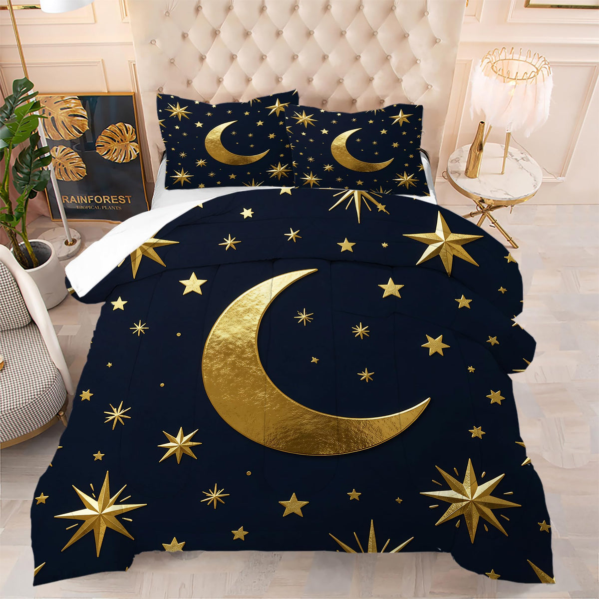VTKON Gold Moon and Stars Bedding Set, Luxury Celestial Night Sky Comforter Set, Gold Starry Print Bed Set for Girls Bedroom Decor (Full Size 3Pcs with 2 Pillow Cases)