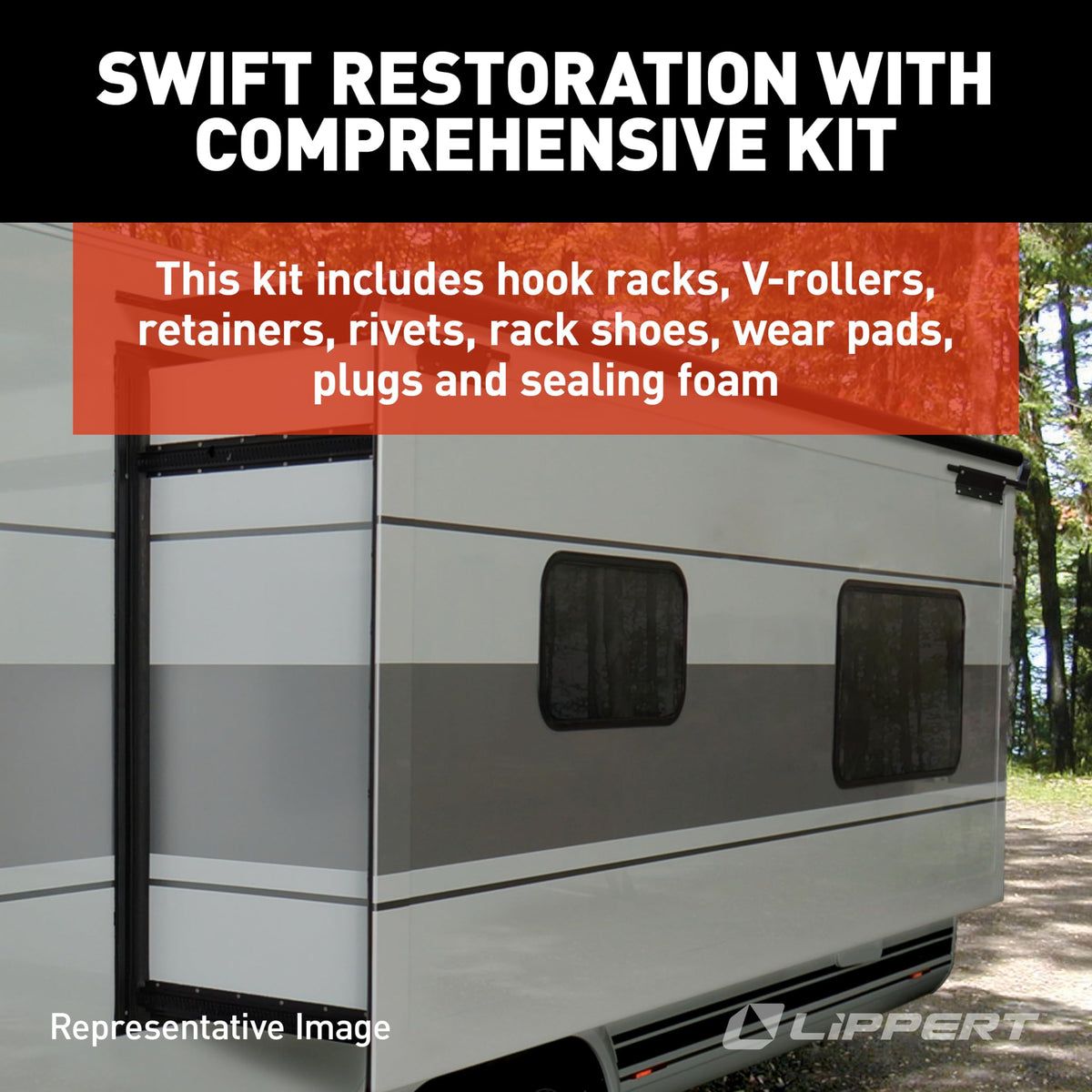 Lippert in-Wall Replacement Triple Rack Repair Kit for RV Slide-Out Systems with Hook Racks, V-Rollers, Retainers, Rivets, Rack Shoes, Wear Pads, Plugs, Sealing Foam, Fixed Side, Clear - 366160