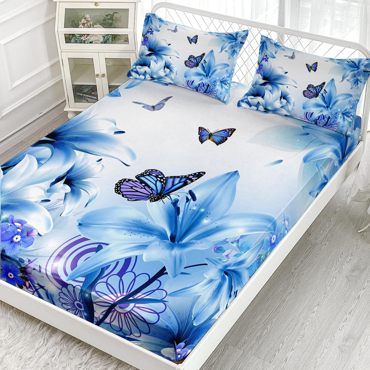 AILONEN Butterfly Fitted Sheet Twin Size Sheets for Girls Women, Blue Lily Flower Bed Sheets,Flying Animals Theme Bedding Set 3 Pieces,Soft Breathable Fitted Sheet and 2 Pillowcases