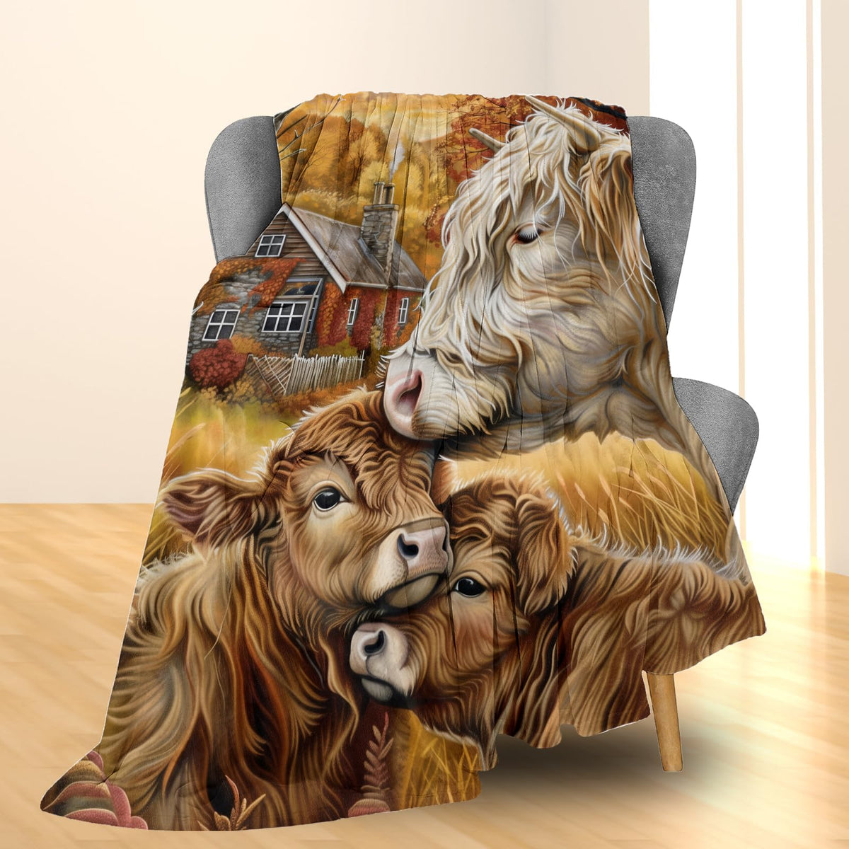 Ti Caldi Highland Cow Farmhouse Blanket - Soft Cozy Lightweight Flannel Throw Blanket for Couch, Bed, Travel & Outdoor | Warm Fuzzy Blankets for Adults Kids Women Boys Girls 50×60 in
