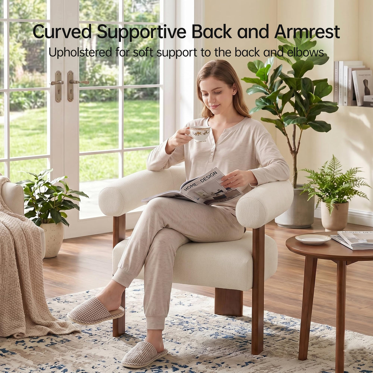 Usaint Upholstered Accent Chairs Set of 2, Mid-Century Modern Arm Chair Living Room Chairs with Walnut Wood Legs, Comfy Barrel Accent Chairs for Living Room, Bedroom, Vanity, Reading Room, Khaki