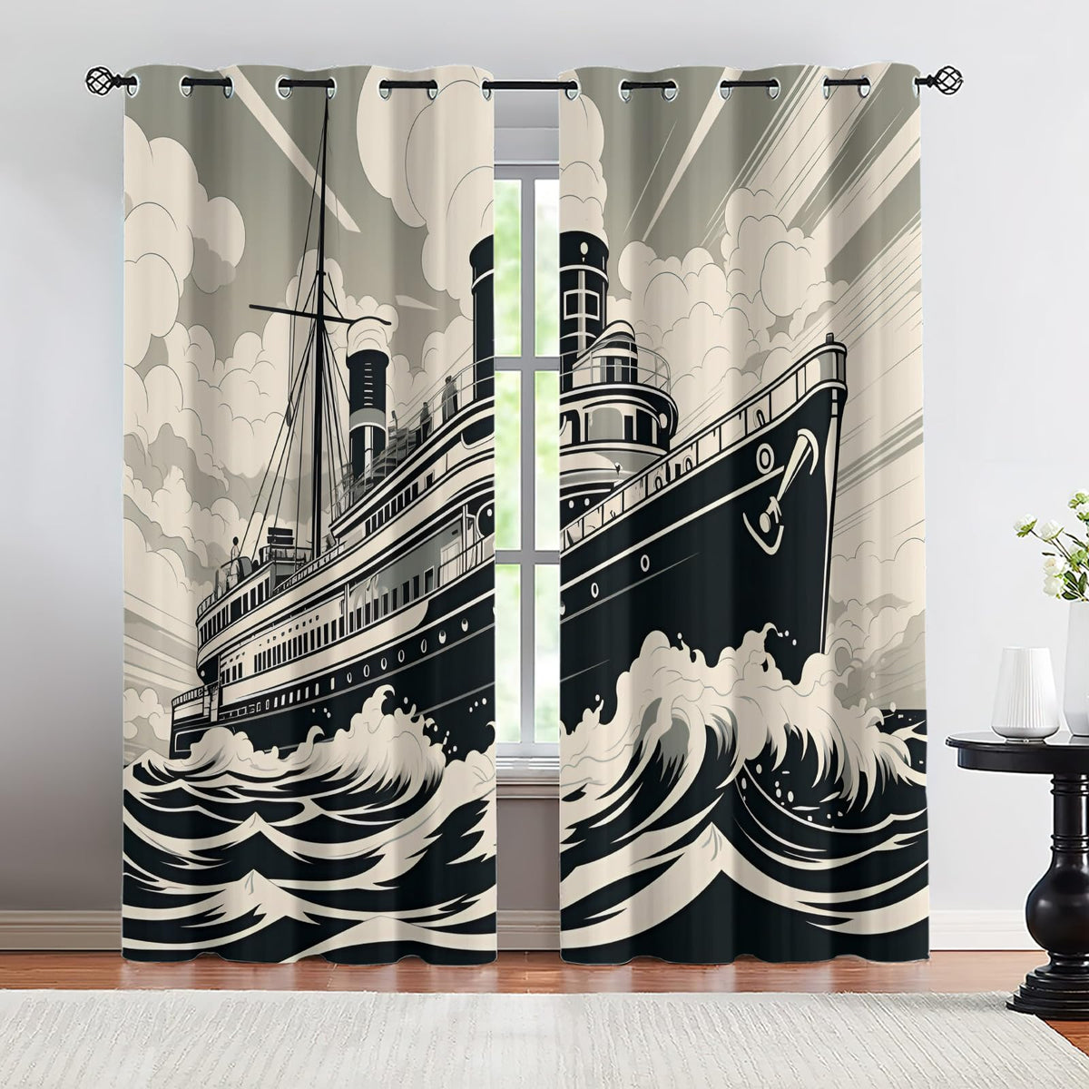 XAFIAUR Vintage Cruise Ship Blackout Curtains, Steamship Curtains for Living Room, Nautical Style Black Out Bedroom Curtain Thermal Insulated Grommet Drapes 2 Panels, for Boys Room 26" W x 63" L x2