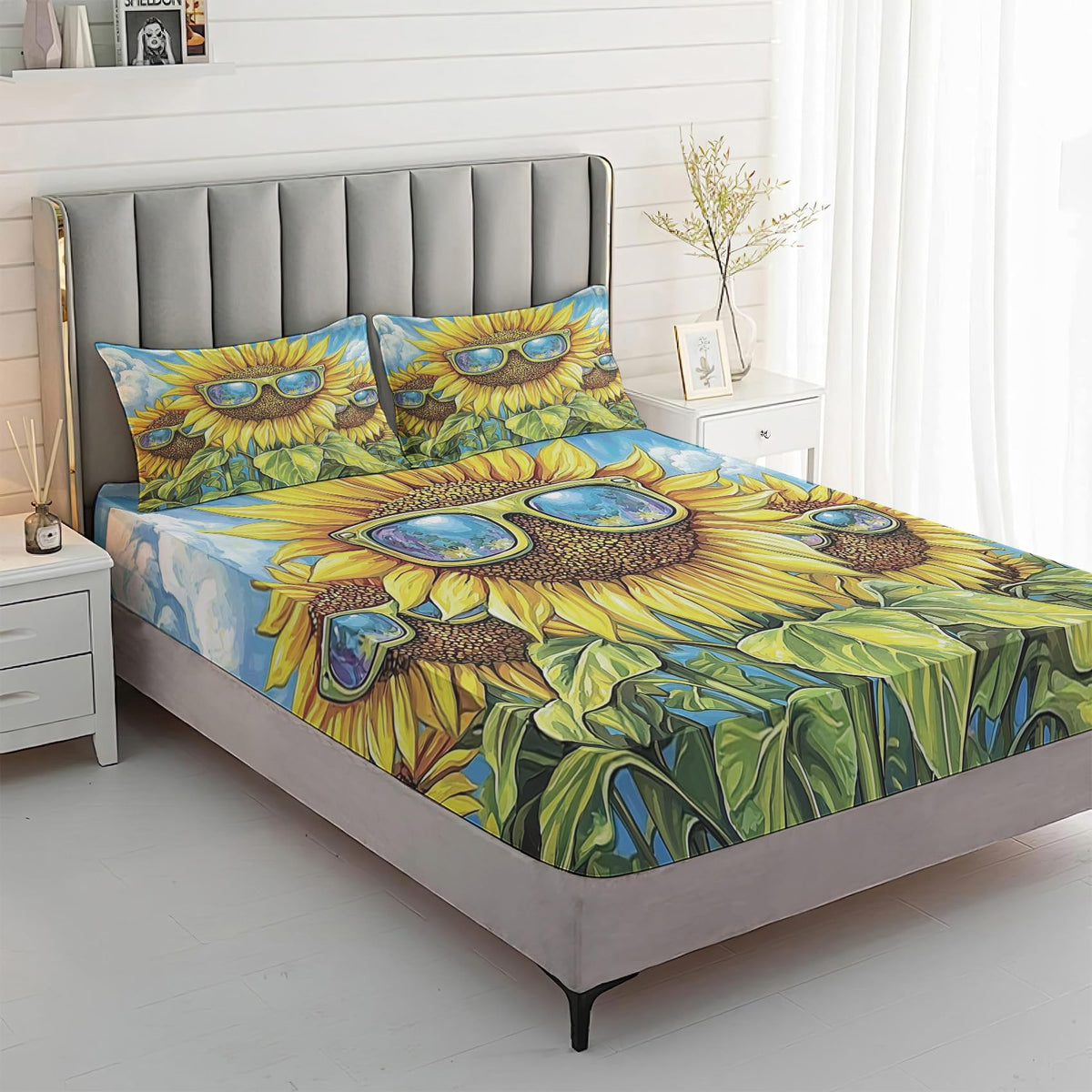 Rejkxyw King Size Sheets Set Sunflower - Funny Yellow Floral Bed Sheets - Kids Boys Girls Sheet Set - 12 Inch Deep Pocket - Ultra Soft Winkle Free Microfiber Bedding Sheets & Pillowcases 4 Piece