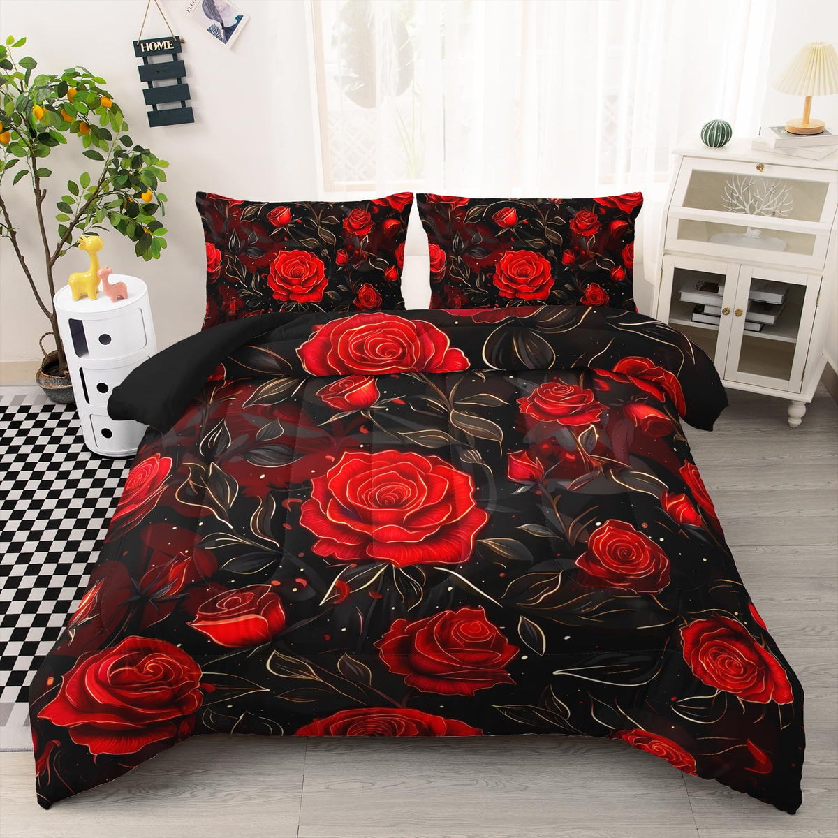 AILONEN Red Bloom Full Comforter Set 3 Piece, Black Botanical Bedding, Golden Leaf Romantic Flower Pattern, Teen Room, 2 Pillowcases