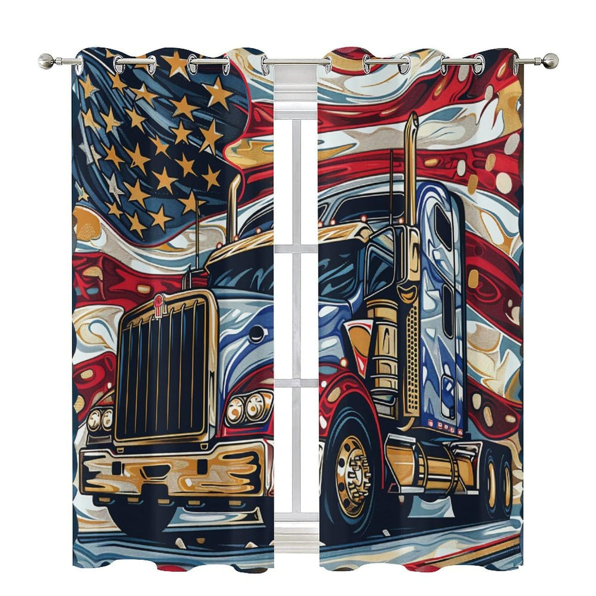 TOWINSFB American Flag Semi Truck Blackout Curtains for Bedroom/Living Room, Classic Vehicle USA Patriotic Grommet Curtains Thermal Insulated Window Drapes, 2 Panels, Each 21W x 63L