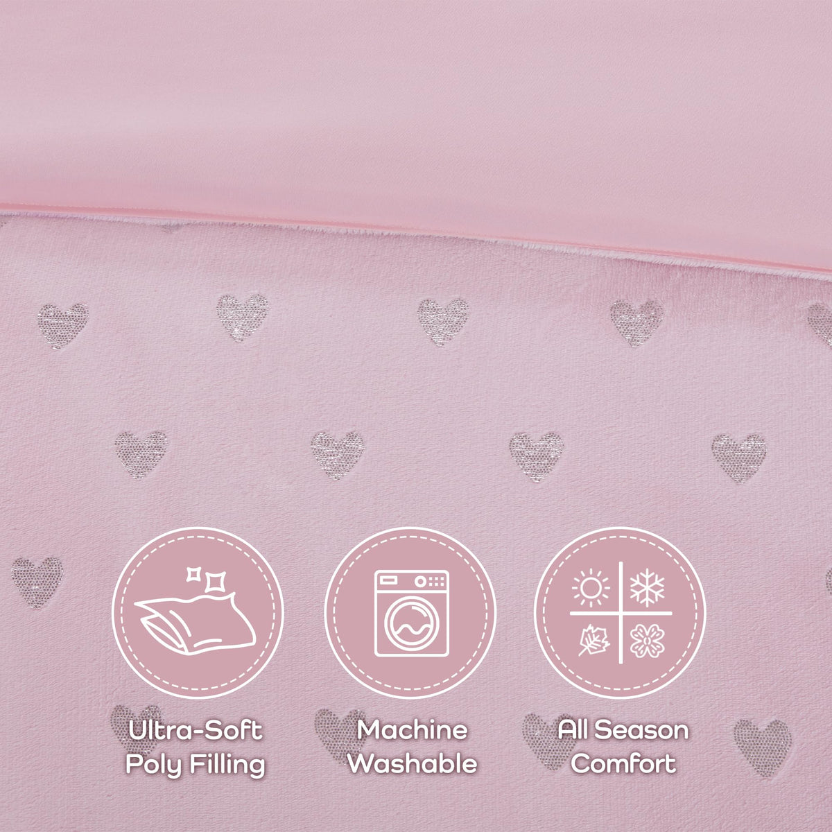 Intelligent Design Twin Comforter Set, 3 Piece Metallic Hearts Cozy Bedroom Set for Girls, Twin Bed Set Soft & Plush Comforter, All Season Fluffy Bedding Set, Rosalie, Twin/Twin XL, Pink Silver