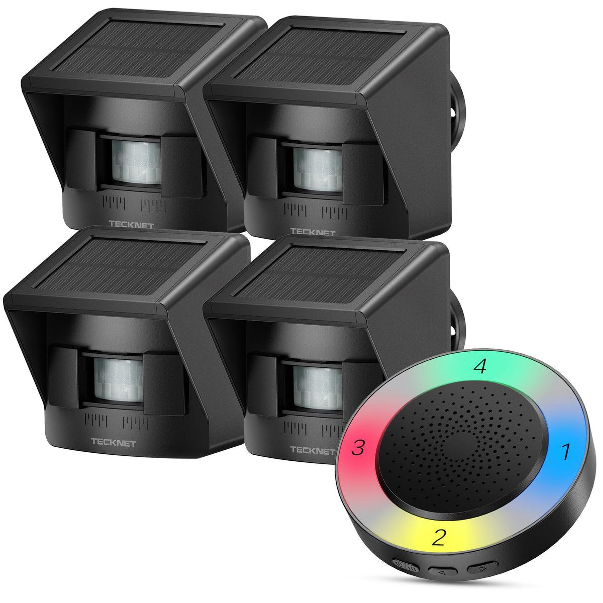 TECKNET Solar Wireless Driveway Alarm with 2600FT Long Range & 36 Melodies & 5 Volumes and Supports 4 Zones Weatherproof Motion Sensor Alarm to Protect Inside/Outside Property (1 Receiver 4 Sensor)