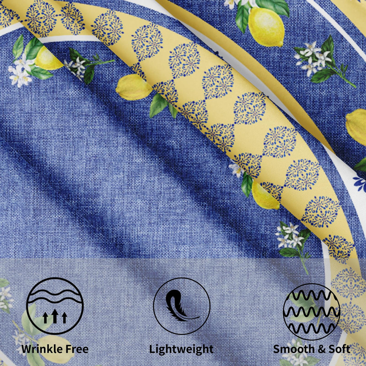 Kawani Lemon Round Tablecloth 70 Inch Blue Yellow French Country Style Fruit Floral Print Table Cloth Rustic Farmhouse Table Cover for Kitchen Dining Room Party Home Decor