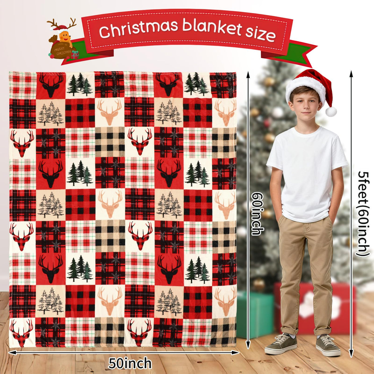 Jansun Christmas Blanket, Christmas Throw Blanket Red Black Plaid Deer Pattern Comfortable Flannel Warm Winter Cabin Throw for Bed Sofa Kids Adults Family Self