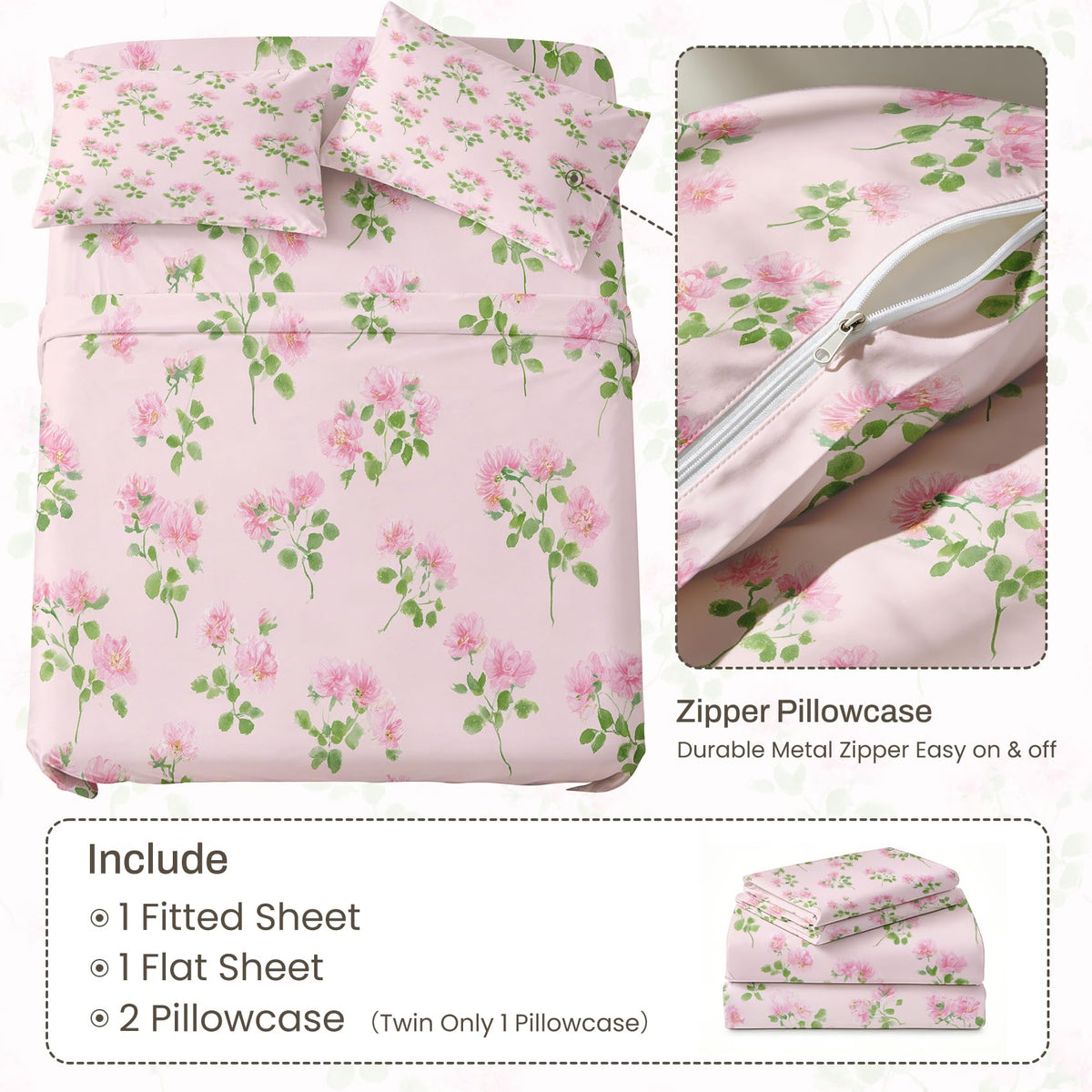 Pink Flower Queen Sheet Set Botanical Flat Fitted Sheet Sets