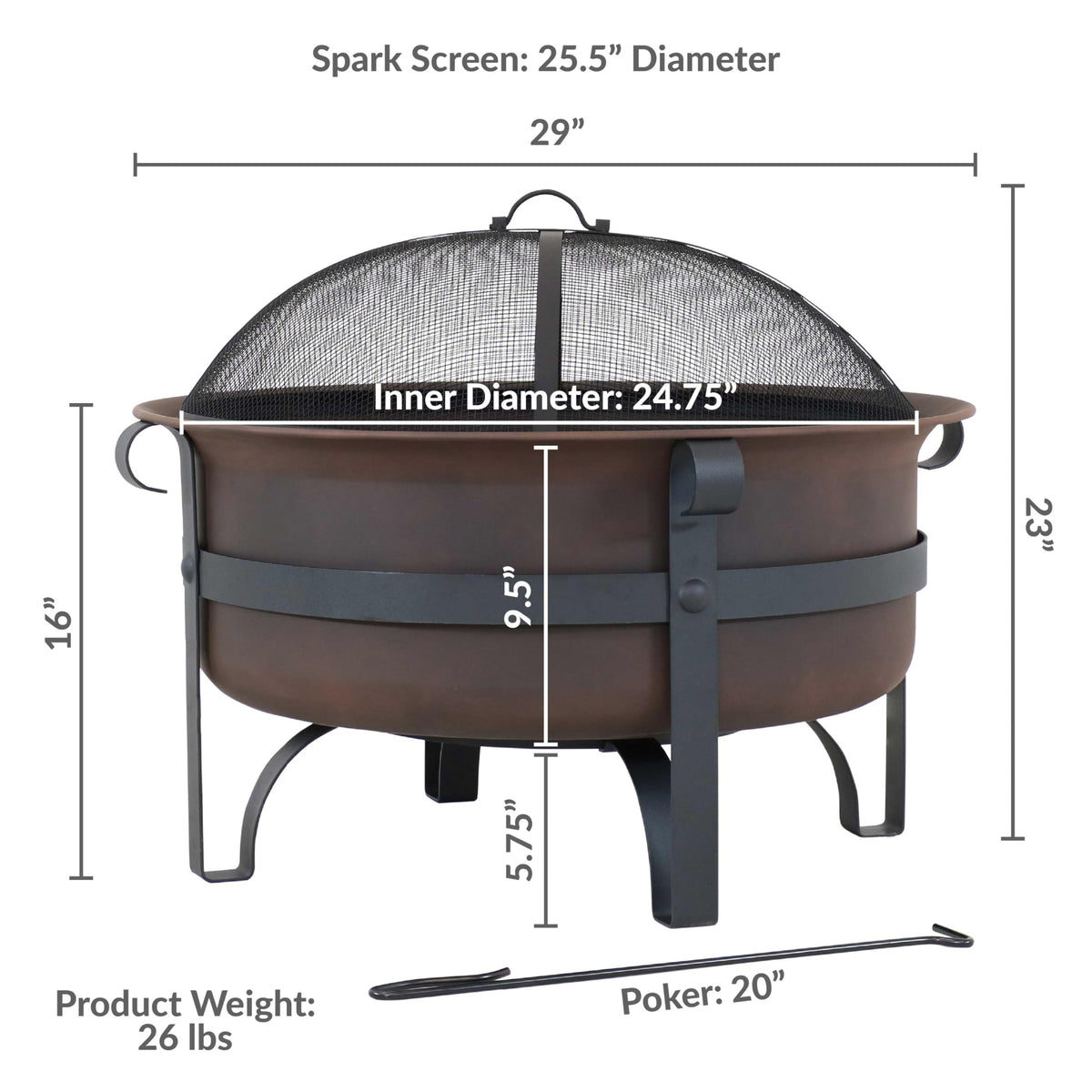 Sunnydaze Cauldron Wood-Burning Outdoor Fire Pit for Patio and Backyard - Round Steel Outside Firepit Bowl with Cover, Removable Ash Pan, Spark Screen, and Poker Tool - Dark Bronze - 29"