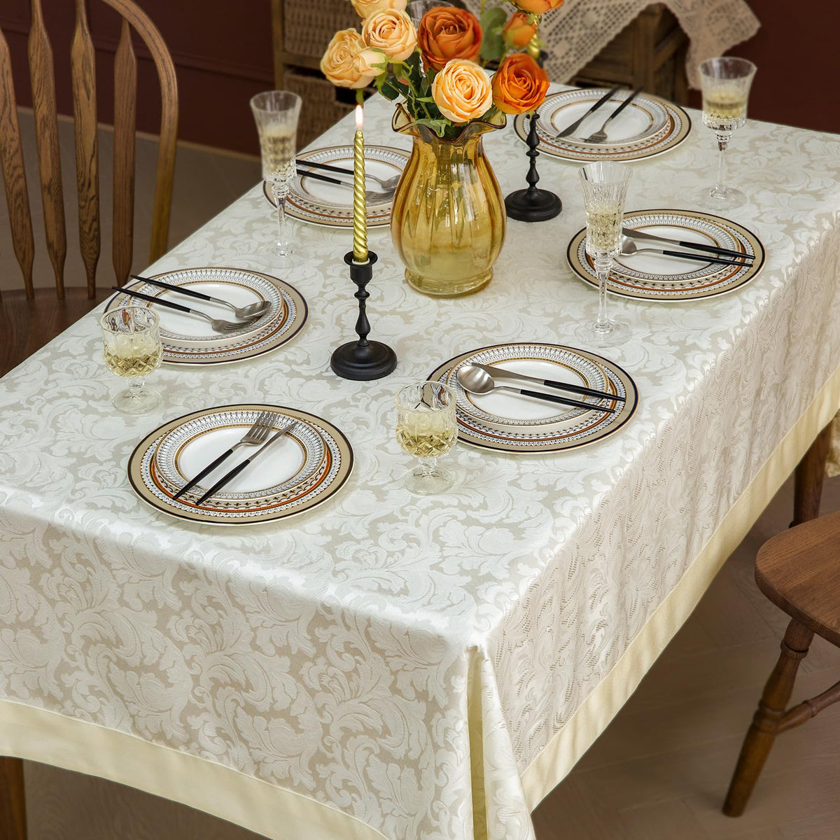 GLORY SEASON Emboss Style Textured Tablecloth Waterproof Solid Bordered Retro Tablecloths Classic Luxurious Washable Rectangle/Oblong Table Cloth,Kitchen Dinning Decor 60x120 Inch