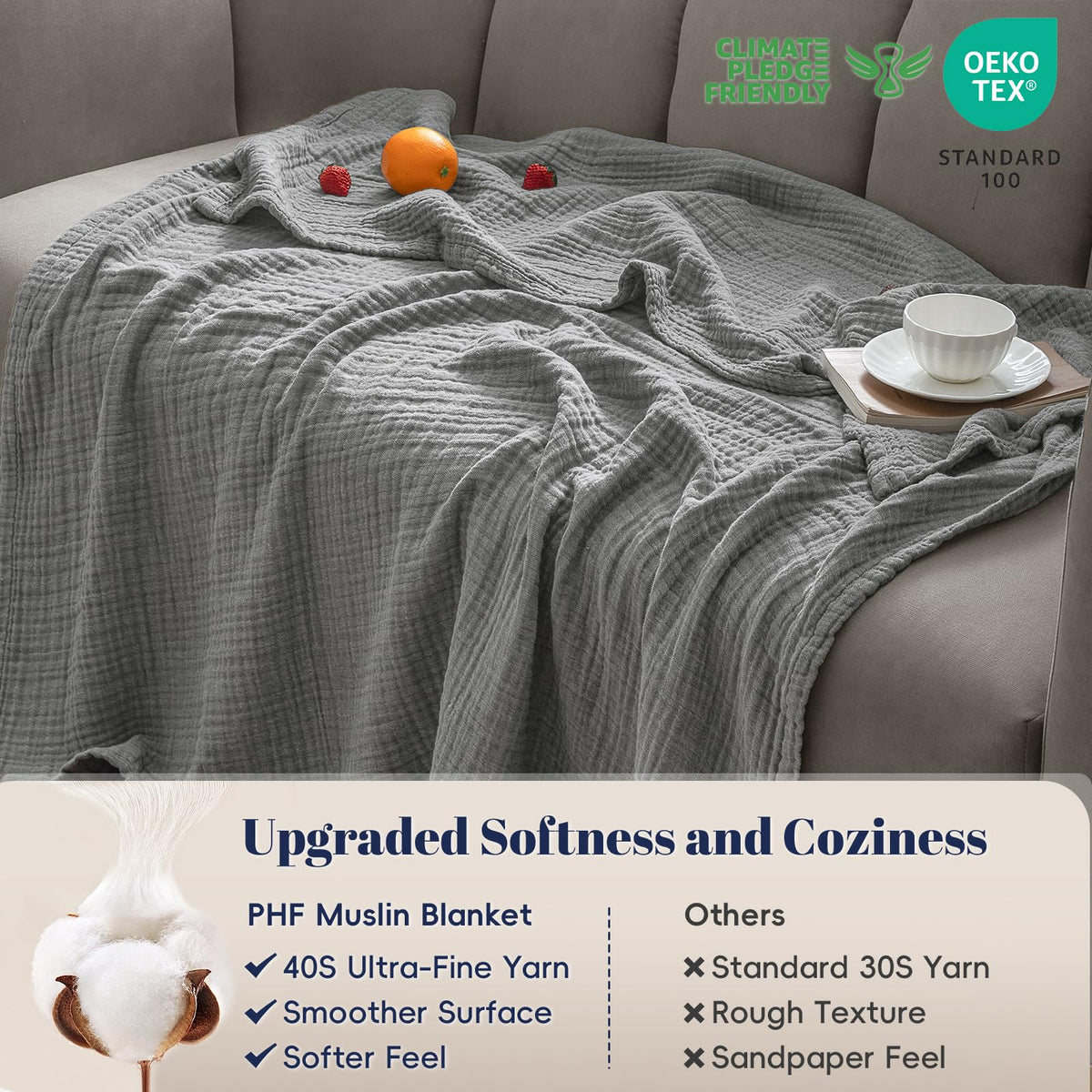 PHF 100% Cotton Muslin Throw Blanket 50" x 60", 4-Layer Lightweight Gauze Throw, Breathable Cloud-Soft Minimalist Blanket for Bed, Couch, Camping & Baby, Grey, Ideal Gift