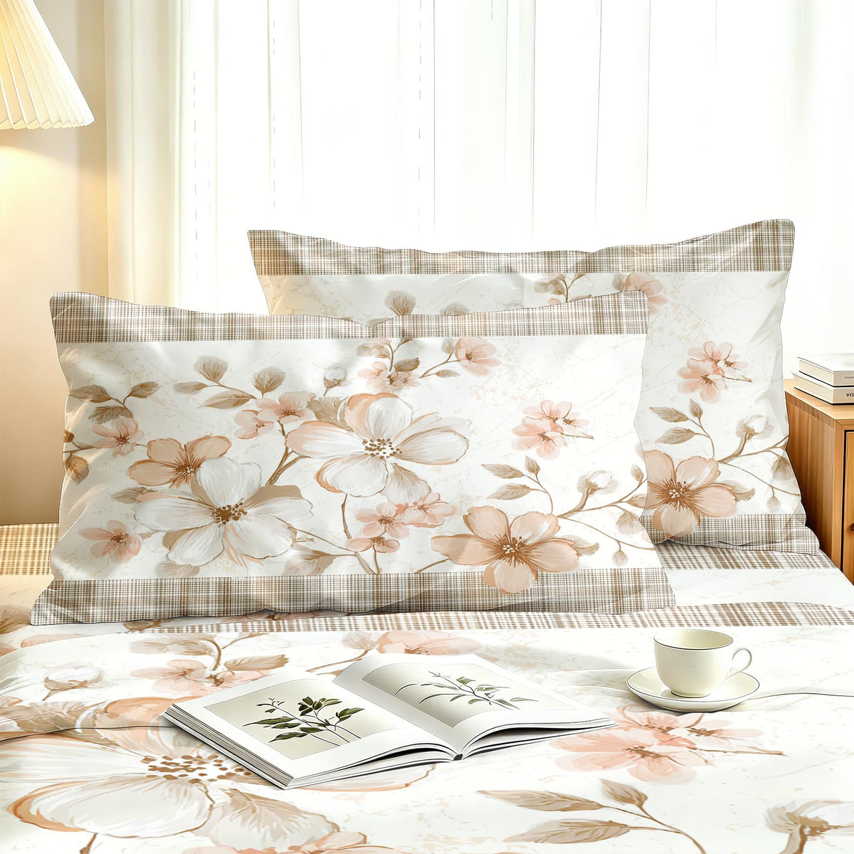 Plaid and Floral Full Sheet Set Farmhouse Flat Fitted Sheet Sets