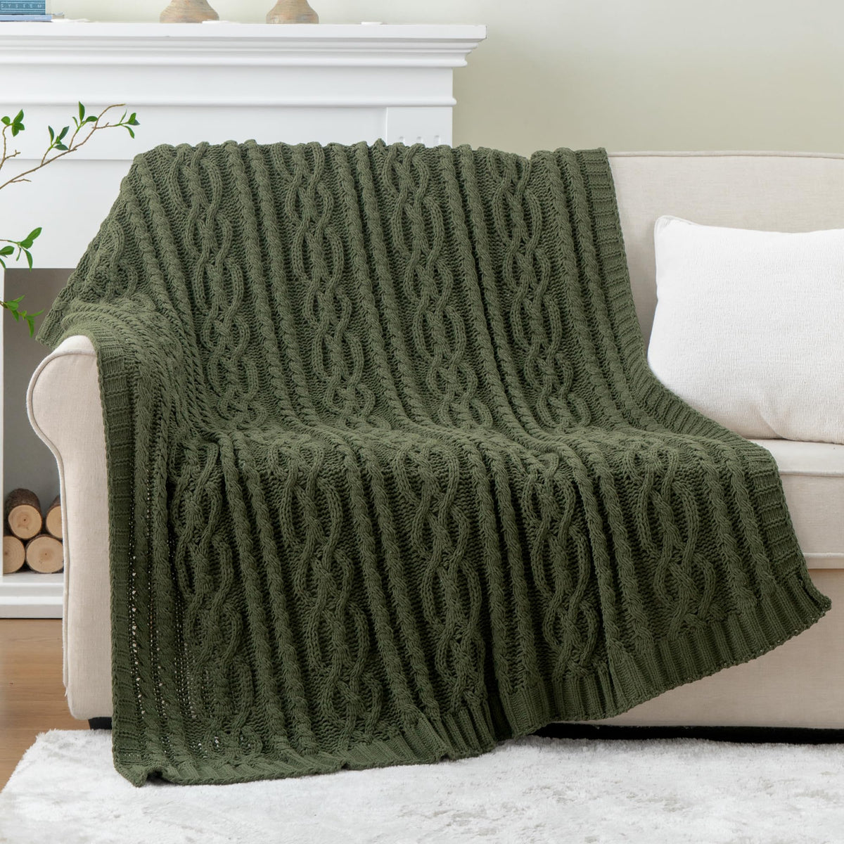 Battilo Olive Green Throw Blanket for Couch, Chunky Cable Knit Blanket, Woven Soft Cozy Chenille Throw Blanket for Bed, Sofa, Chair, Living Room, 51"x67"
