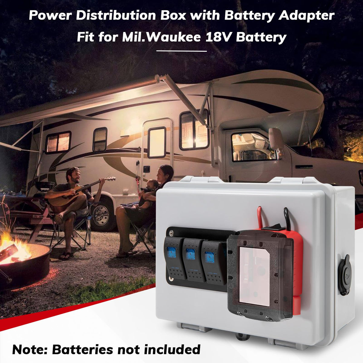 Power Distribution Box with Battery Adapter Fit for Mil.Waukee 18V Battery, Power Adapter Box with Pre-Installed Lines/Dual USB Charger/Low Voltage Protection, for RV Truck Trailer/Warehouse/Shed
