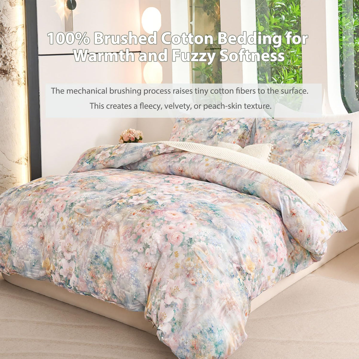 Zusbest Floral Duvet Cover King 100% Cotton, Double Brushed for Extra Soft, Luxury Pink Rose French Country Bedding Shabby-Chic Lily Comforter Cover with Zipper, Soft Breathable, 3Pc-Not Comforter