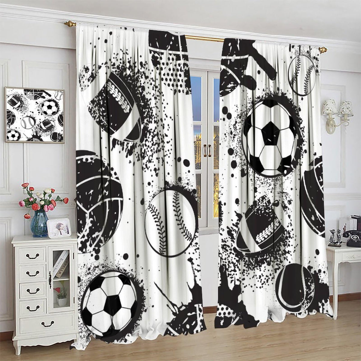 Sports Themed Curtains for Boys Abstract Basketball Football Black White Grunge Window Treatments for Teens Girls Bedroom Living Room Décor Drapes 2 Panel Sets Total Size 42" x 45"